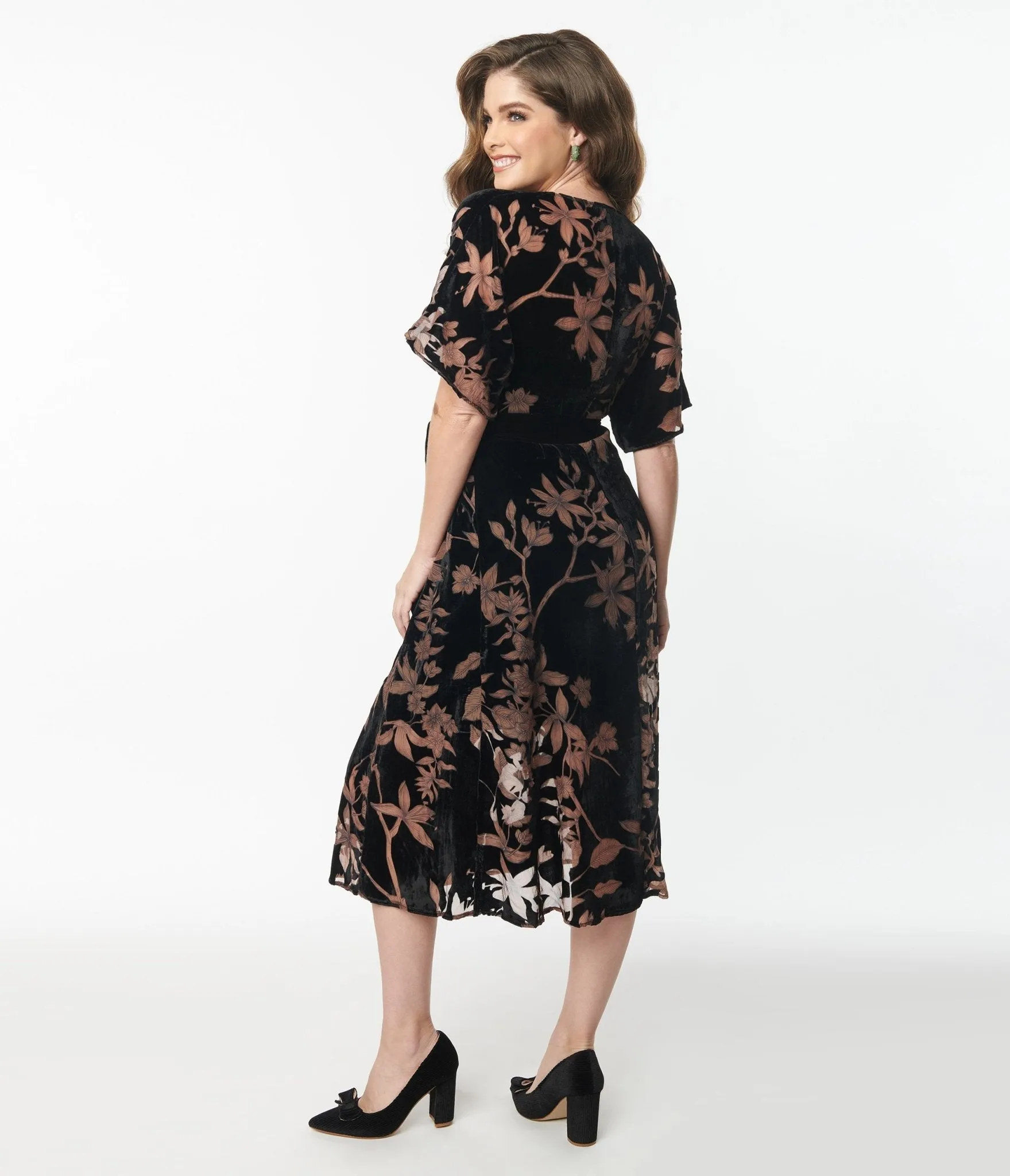 Unique Vintage 1970s Black Floral Velvet Wrap Midi Dress Casual Everyday Look