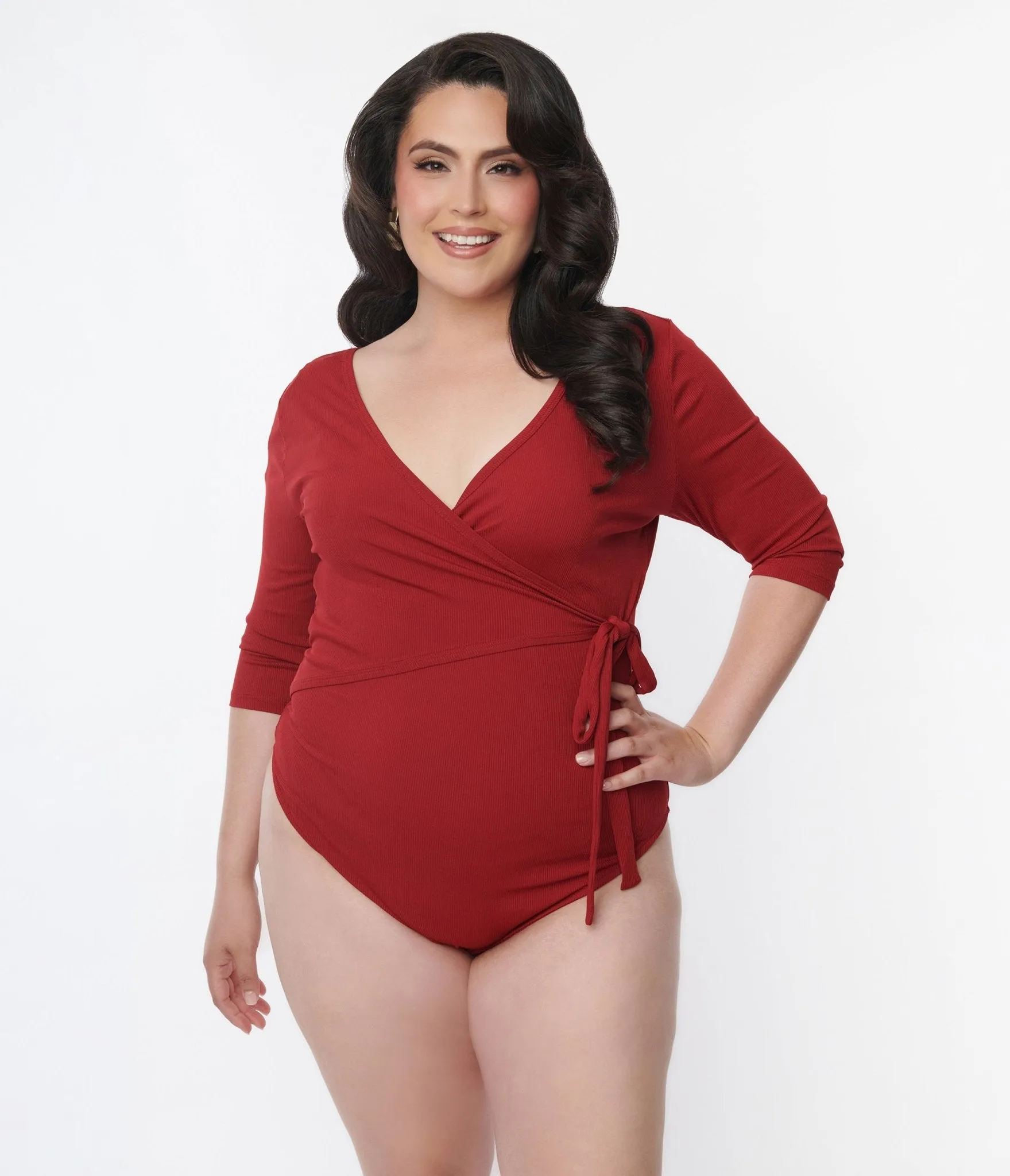 Unique Vintage 1970s Burgundy Surplice Bodysuit Easy Date Night