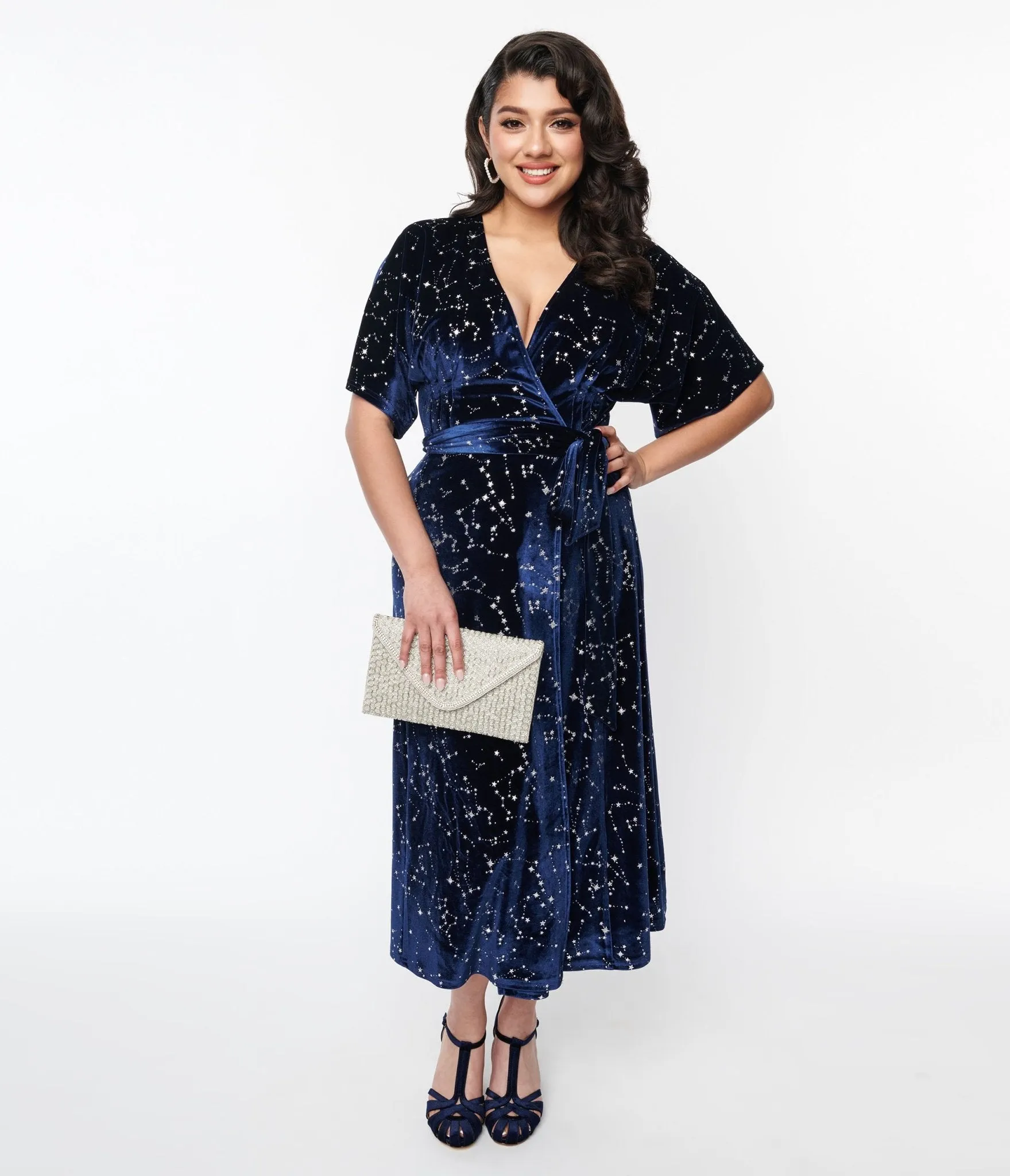 Unique Vintage 1970s Navy & Silver Stars Velvet Wrap Midi Dress Casual Everyday Look