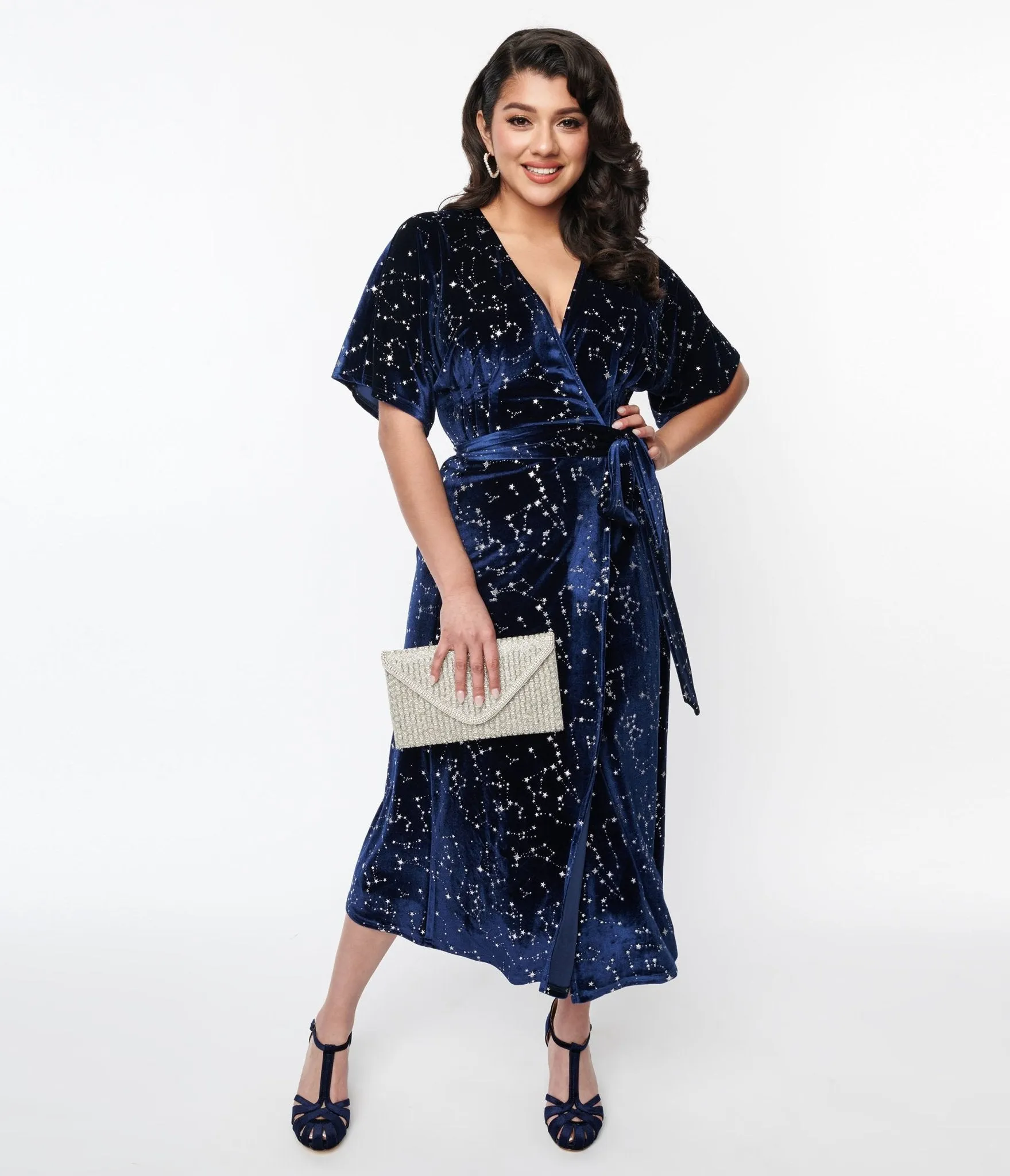 Unique Vintage 1970s Navy & Silver Stars Velvet Wrap Midi Dress Casual Everyday Look