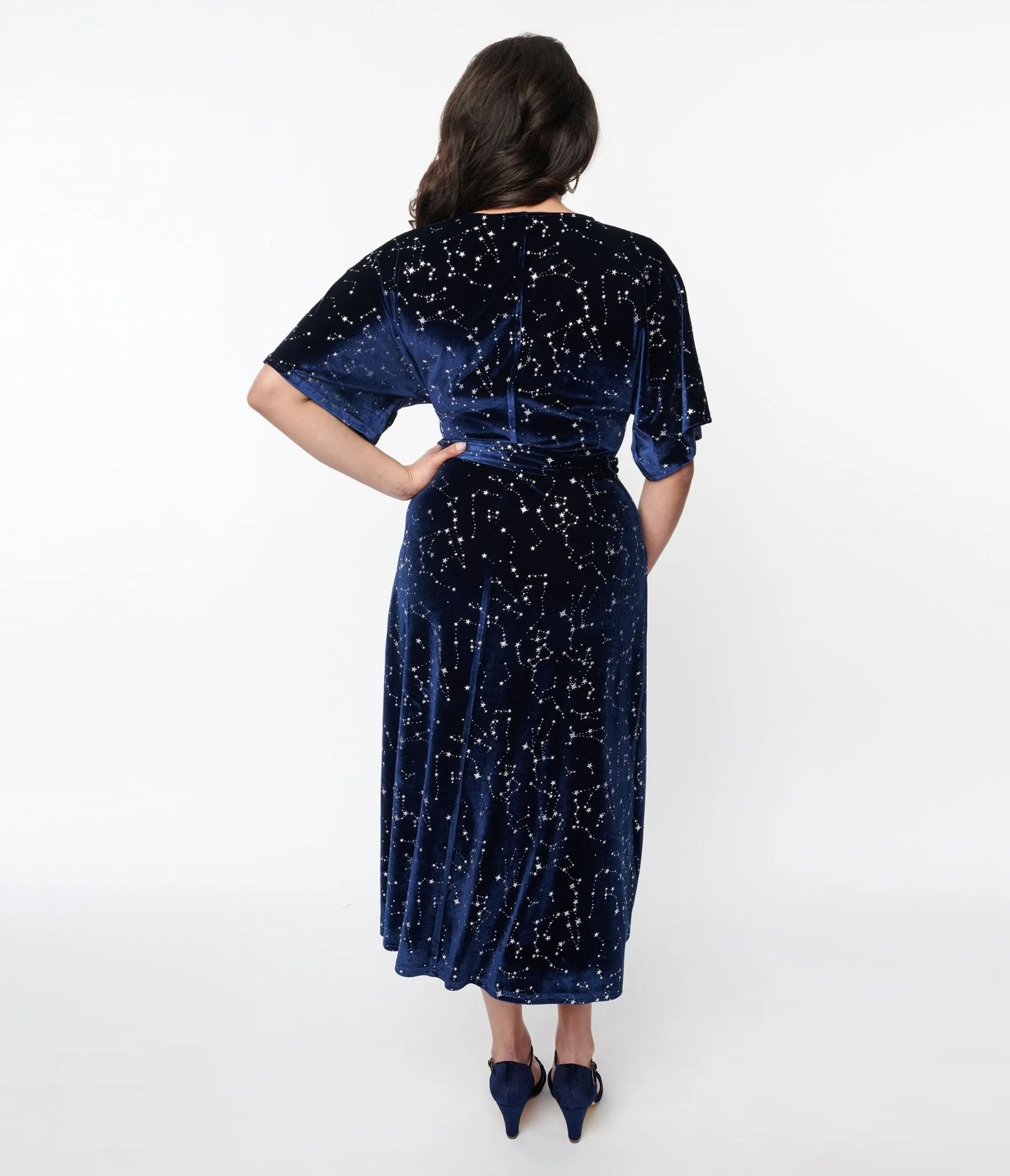 Unique Vintage 1970s Navy & Silver Stars Velvet Wrap Midi Dress Casual Everyday Look