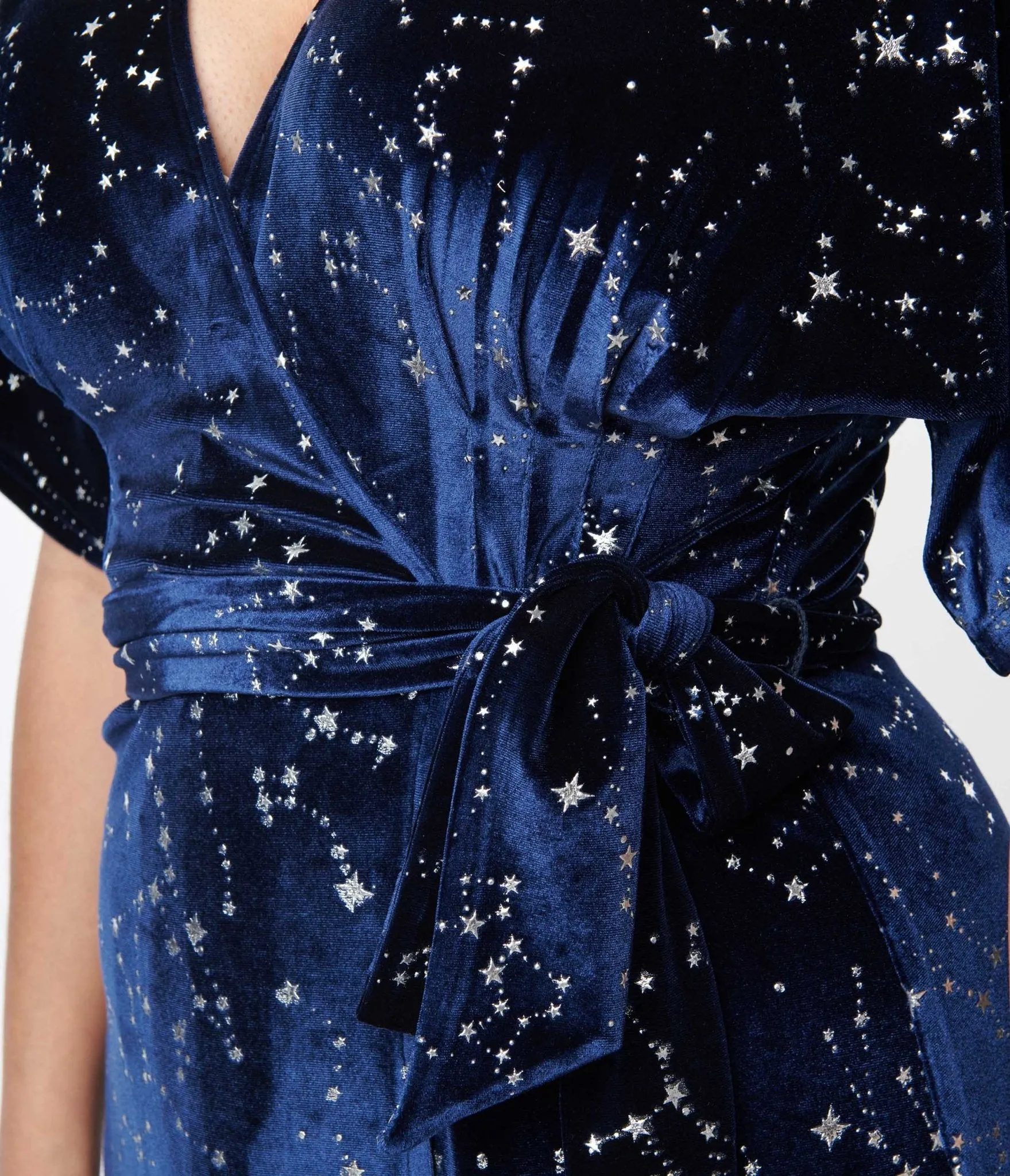 Unique Vintage 1970s Navy & Silver Stars Velvet Wrap Midi Dress Casual Everyday Look