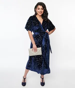 Unique Vintage 1970s Navy & Silver Stars Velvet Wrap Midi Dress Casual Everyday Look