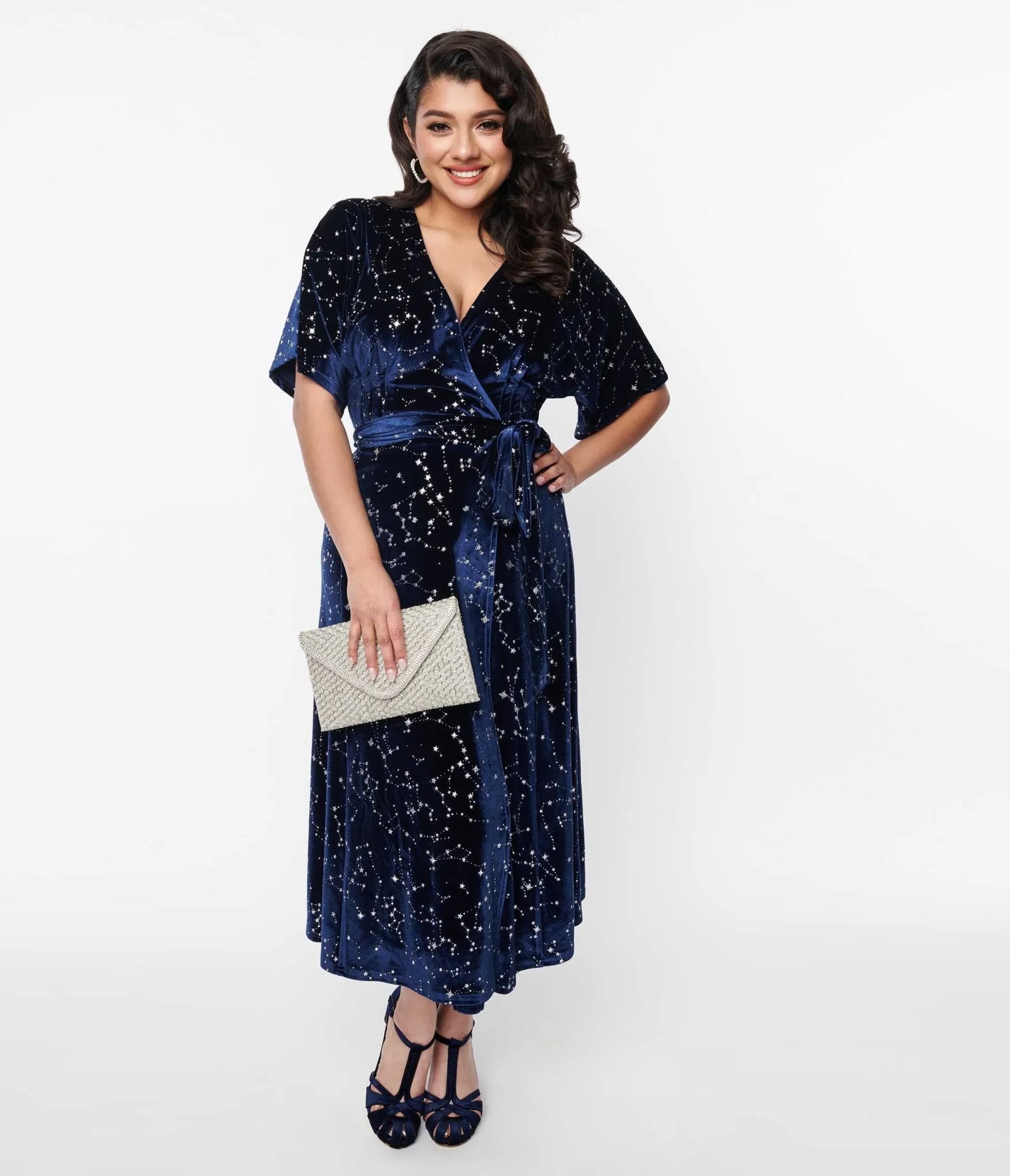 Unique Vintage 1970s Navy & Silver Stars Velvet Wrap Midi Dress Casual Everyday Look