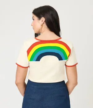 Unique Vintage Antique White & Rainbow Ringer Tee Easy Date Night