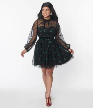 Unique Vintage Black & Glitter Mistletoe Flare Dress Casual Everyday Look