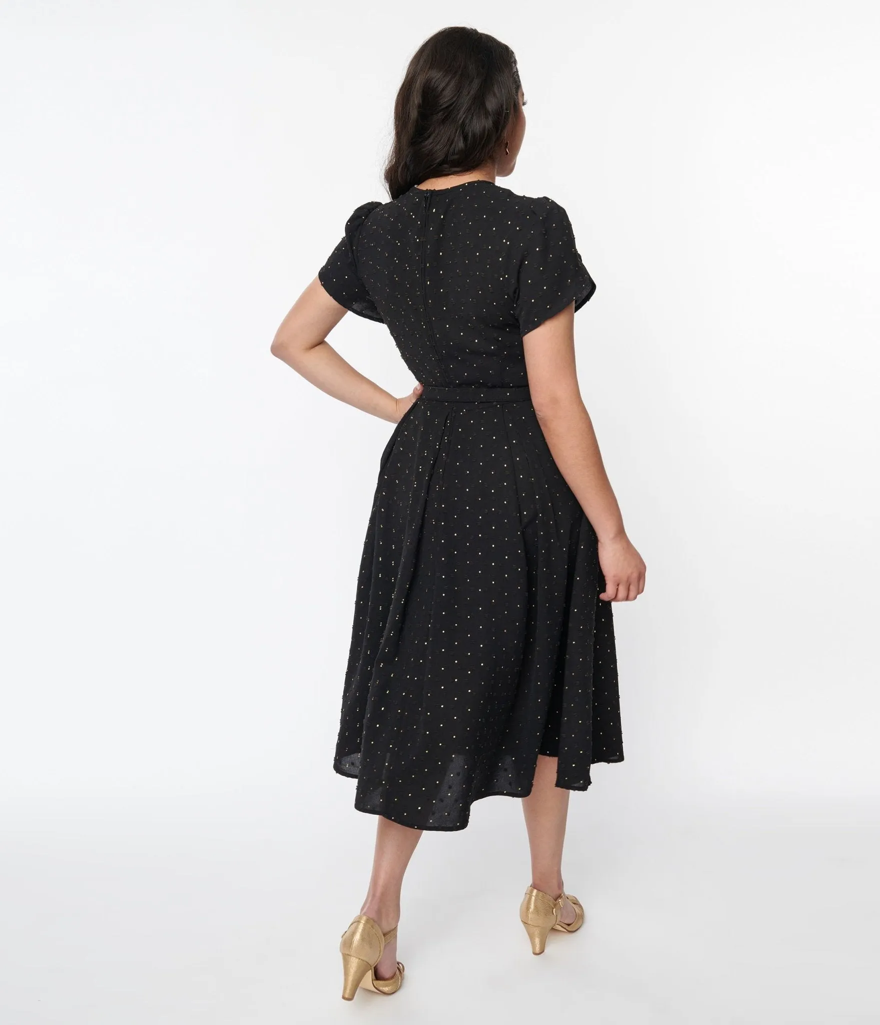 Unique Vintage Black & Gold Clip Dot Dahlia Swing Dress Casual Everyday Look