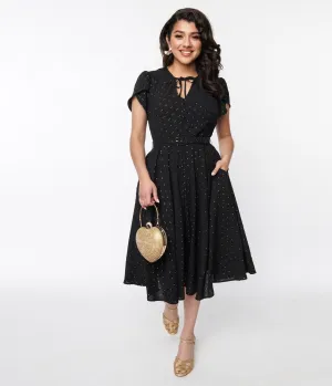 Unique Vintage Black & Gold Clip Dot Dahlia Swing Dress Casual Everyday Look
