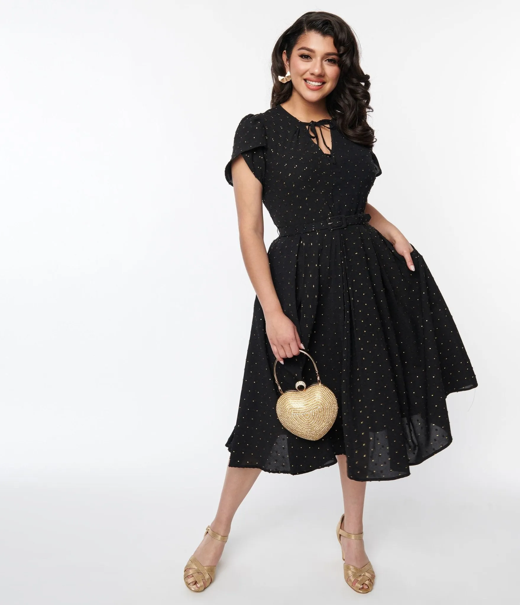 Unique Vintage Black & Gold Clip Dot Dahlia Swing Dress Casual Everyday Look