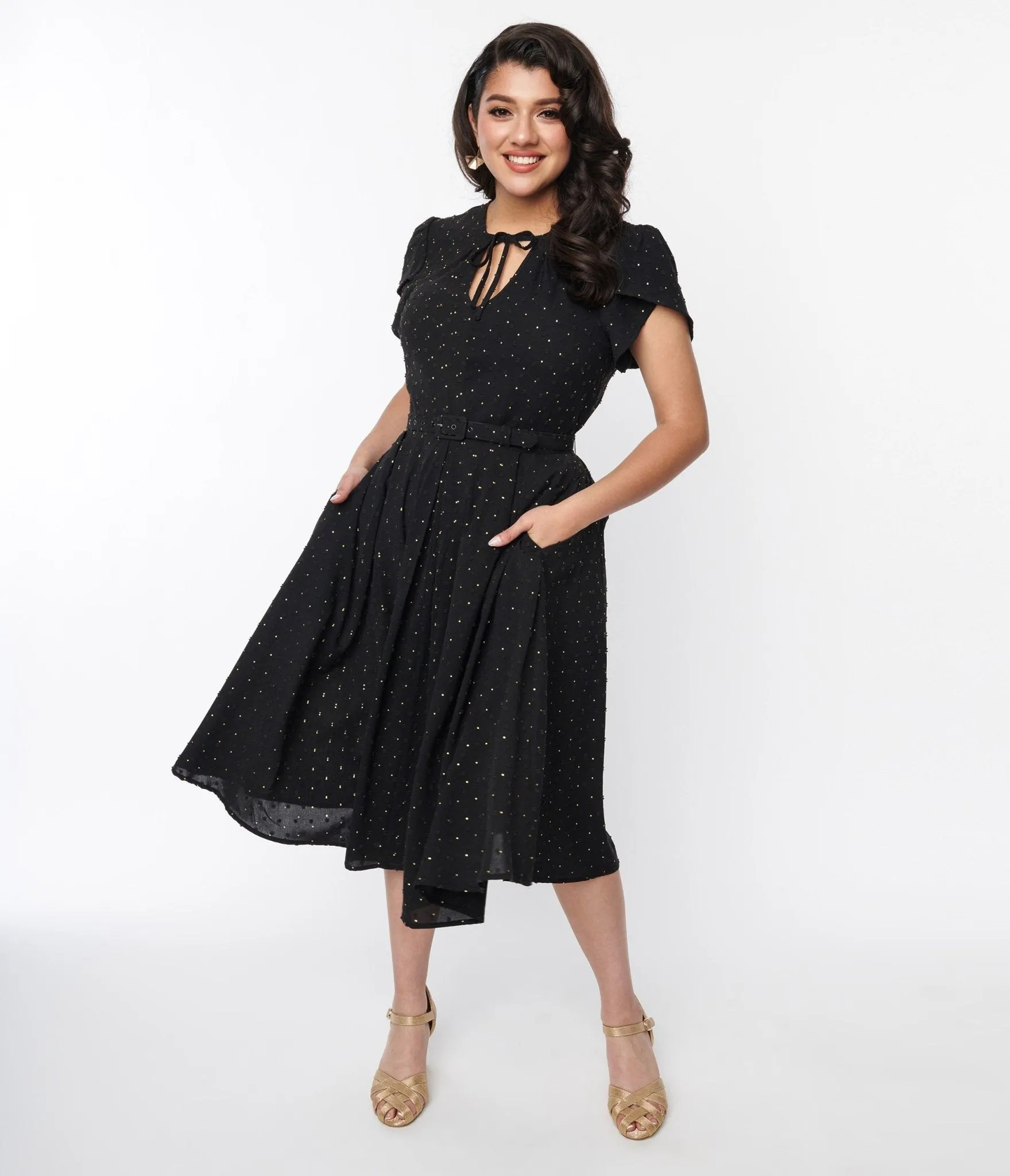 Unique Vintage Black & Gold Clip Dot Dahlia Swing Dress Casual Everyday Look