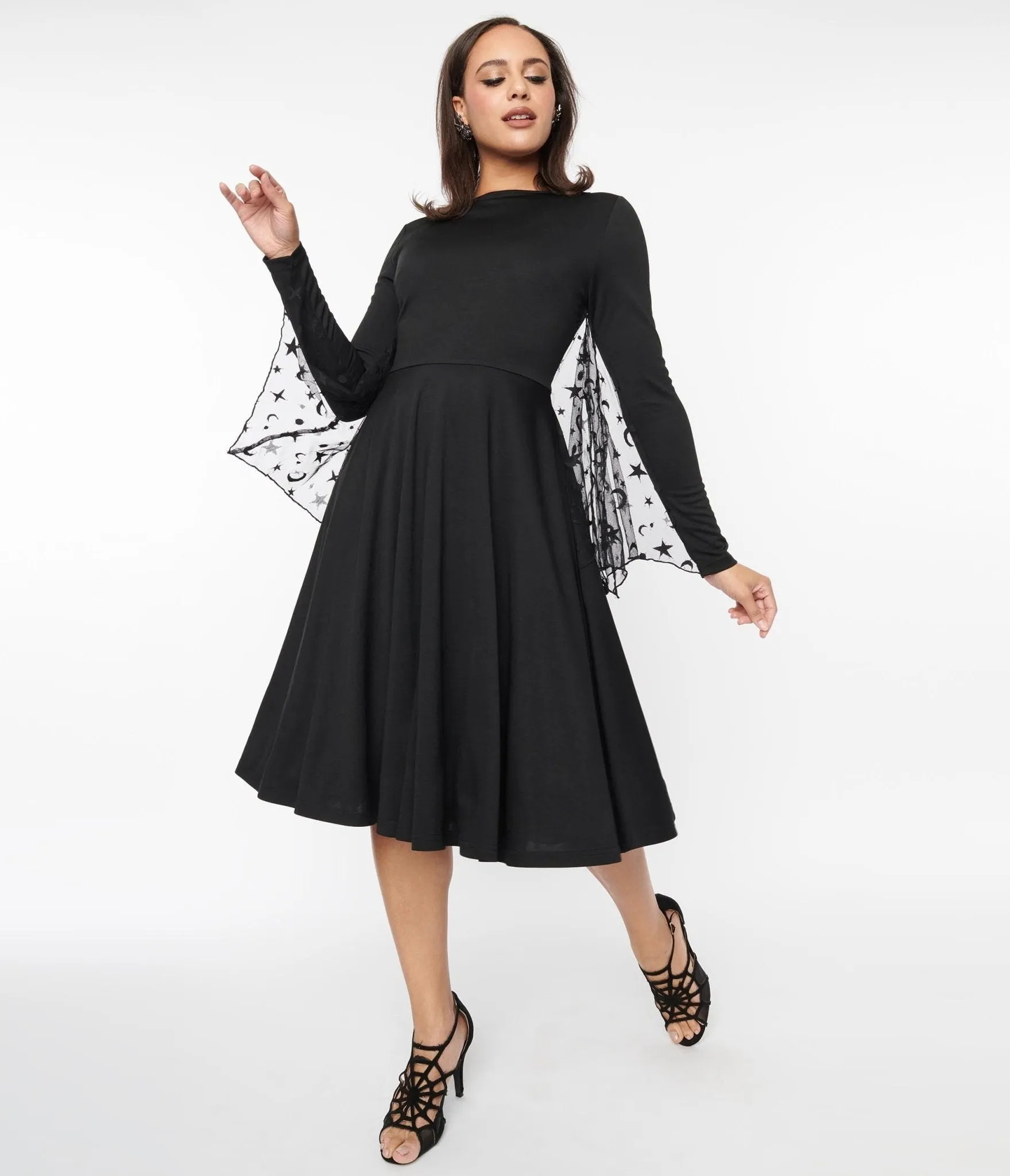 Unique Vintage Black & Mesh Bat Swing Dress Casual Everyday Look