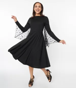 Unique Vintage Black & Mesh Bat Swing Dress Casual Everyday Look