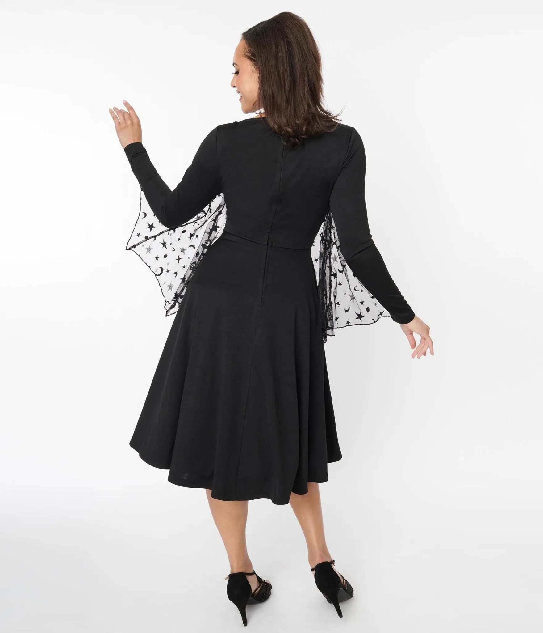 Unique Vintage Black & Mesh Bat Swing Dress Casual Everyday Look