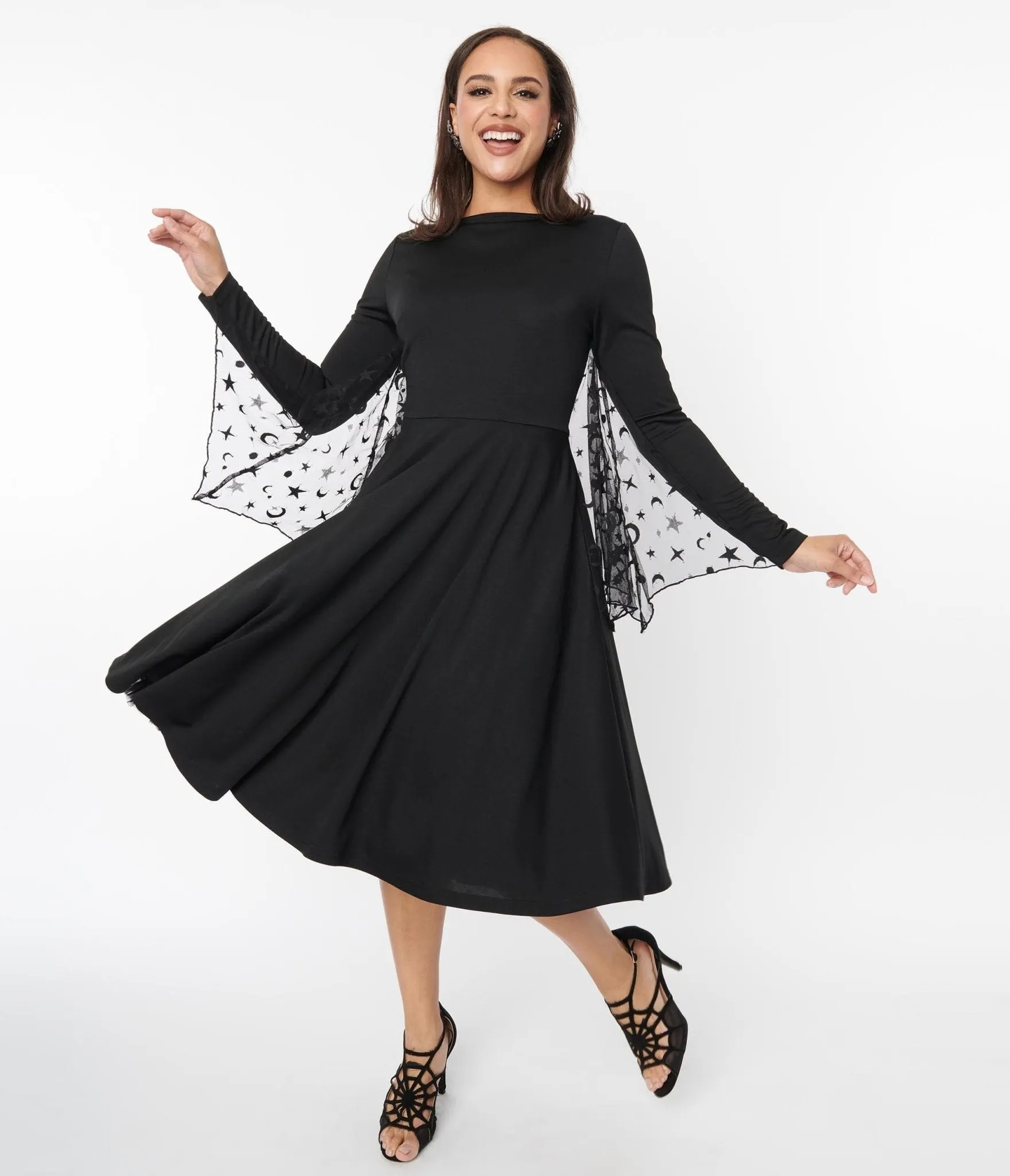 Unique Vintage Black & Mesh Bat Swing Dress Casual Everyday Look