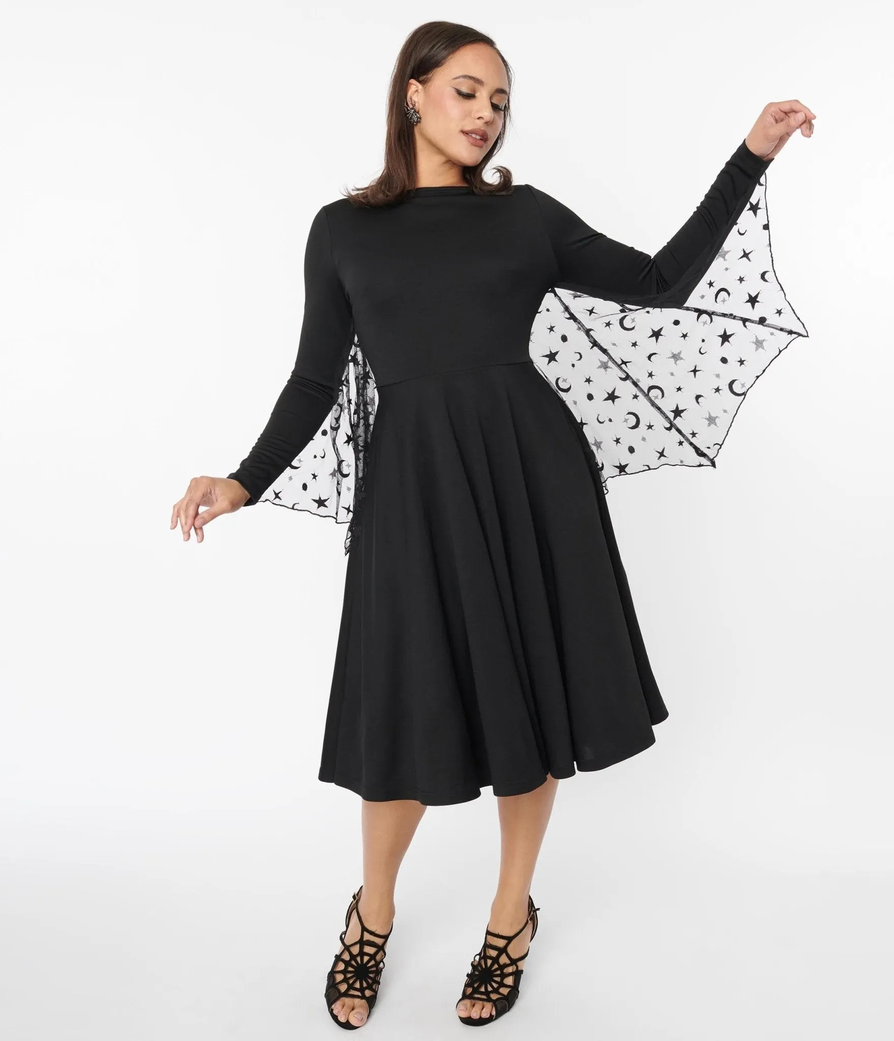 Unique Vintage Black & Mesh Bat Swing Dress Casual Everyday Look