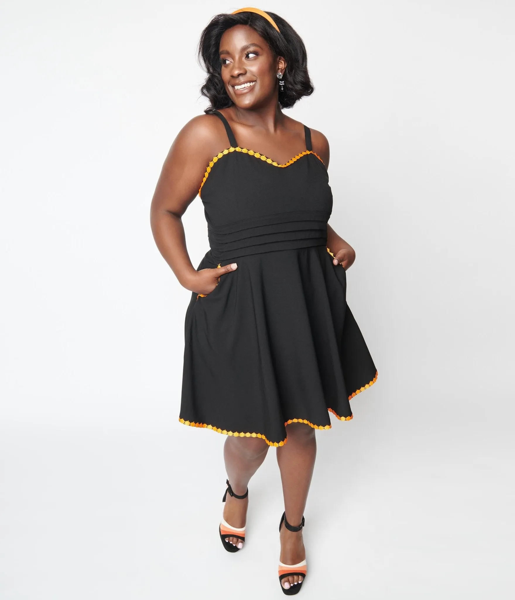 Unique Vintage Black & Pumpkin Trim Follow Your Heart Fit & Flare Dress Casual Everyday Look
