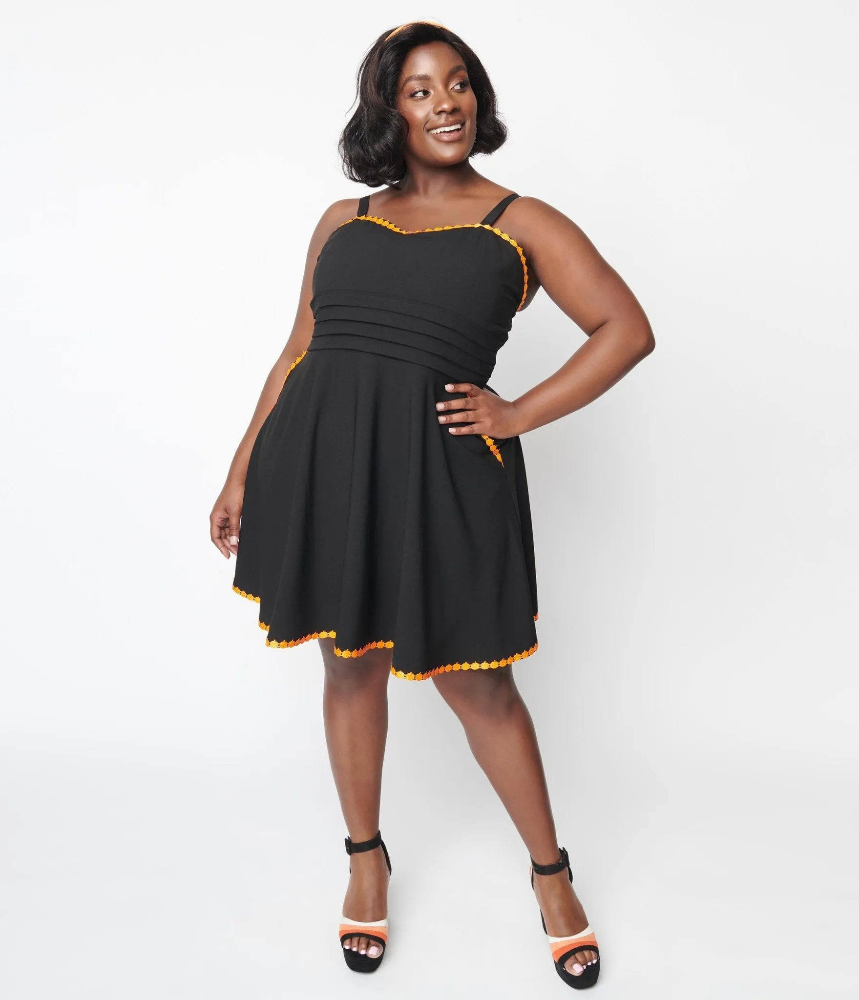 Unique Vintage Black & Pumpkin Trim Follow Your Heart Fit & Flare Dress Casual Everyday Look