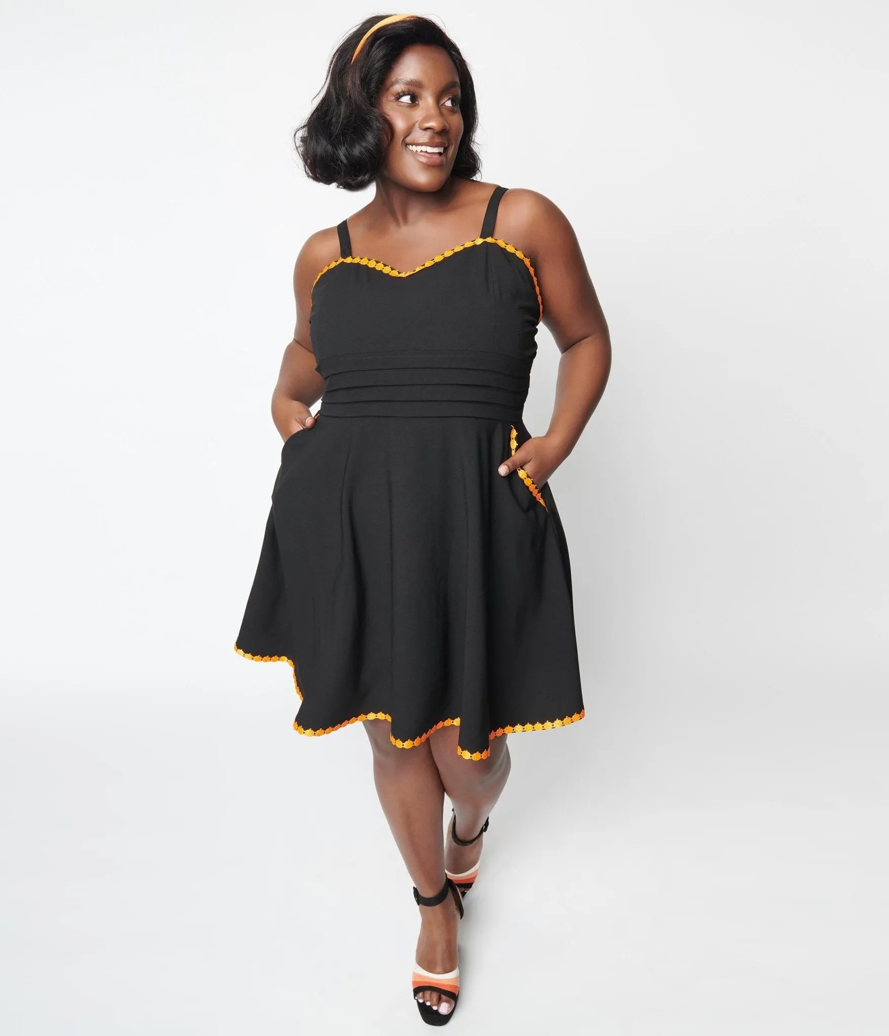 Unique Vintage Black & Pumpkin Trim Follow Your Heart Fit & Flare Dress Casual Everyday Look