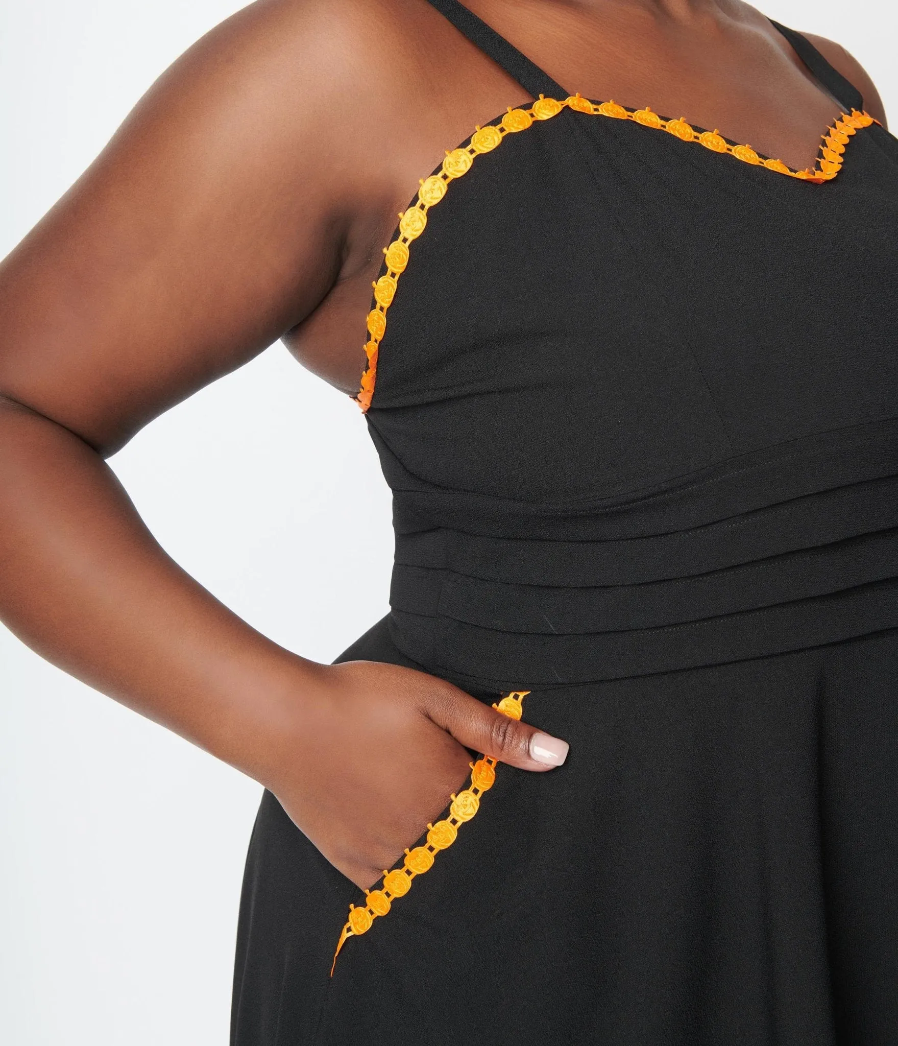 Unique Vintage Black & Pumpkin Trim Follow Your Heart Fit & Flare Dress Casual Everyday Look