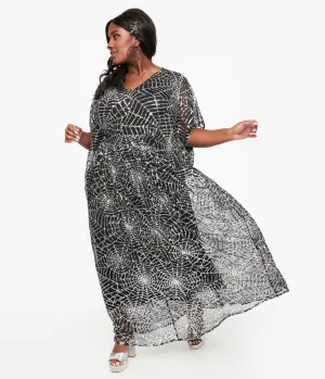 Unique Vintage Black & Silver Sequin Spider Web Burton Caftan Dress Casual Everyday Look