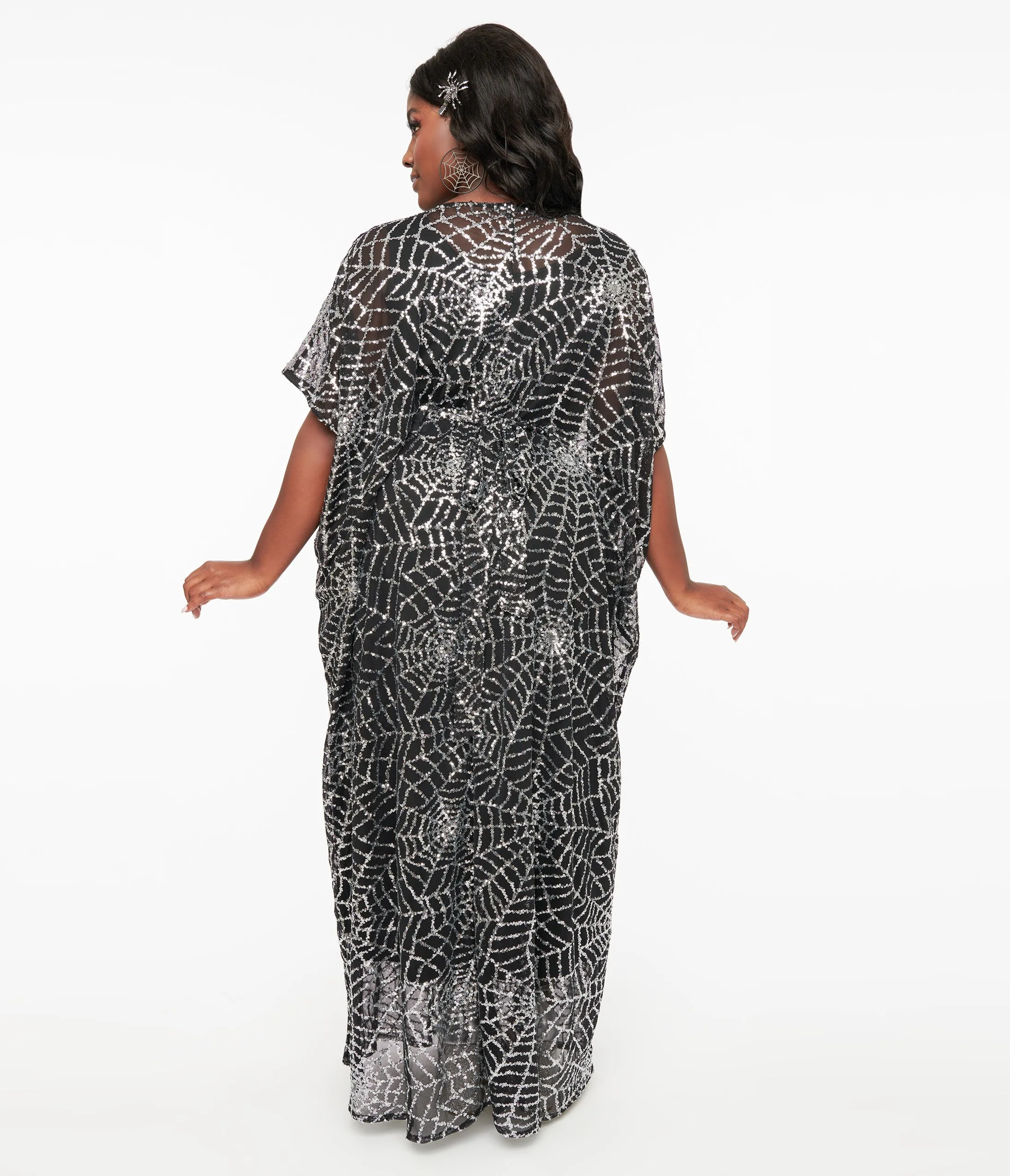 Unique Vintage Black & Silver Sequin Spider Web Burton Caftan Dress Casual Everyday Look