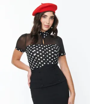 Unique Vintage Black & White Polka Dot Mesh Sweetheart Top Easy Date Night