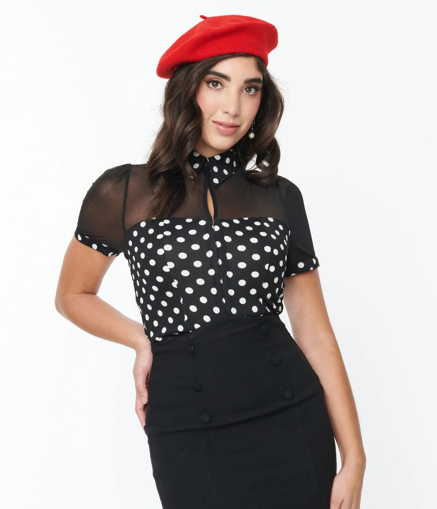 Unique Vintage Black & White Polka Dot Mesh Sweetheart Top Easy Date Night