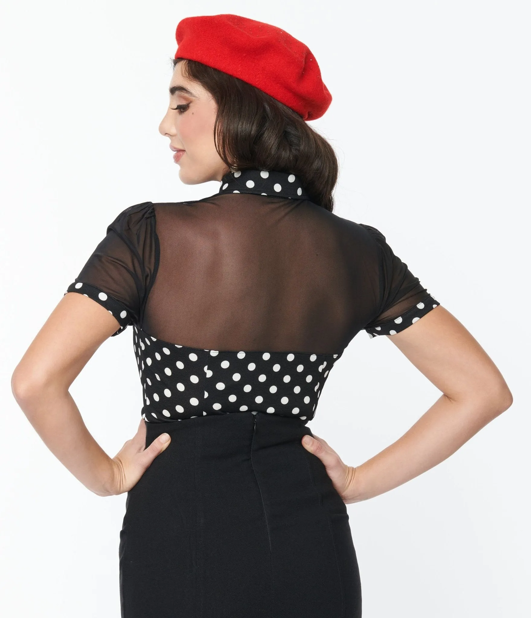 Unique Vintage Black & White Polka Dot Mesh Sweetheart Top Easy Date Night