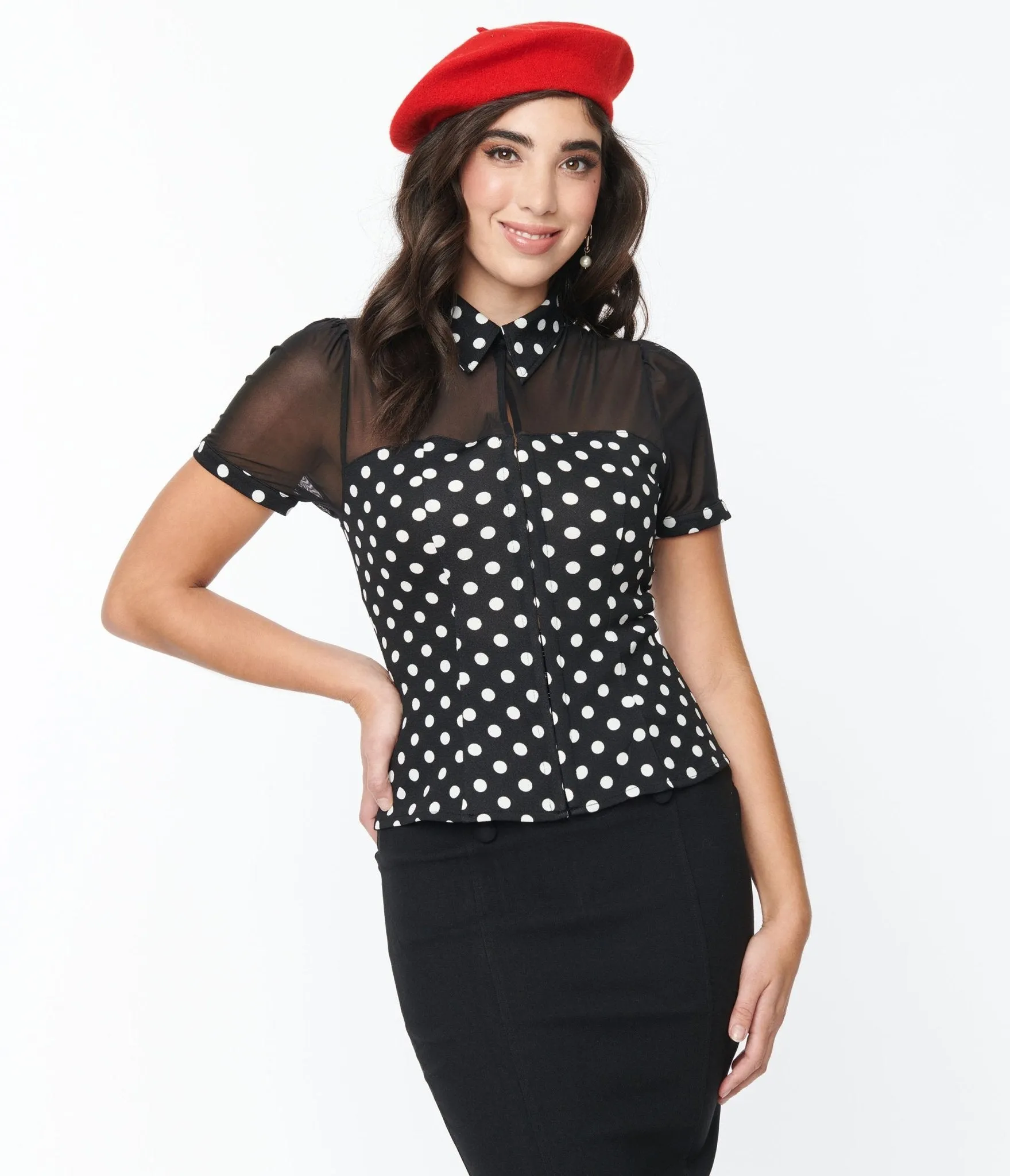 Unique Vintage Black & White Polka Dot Mesh Sweetheart Top Easy Date Night