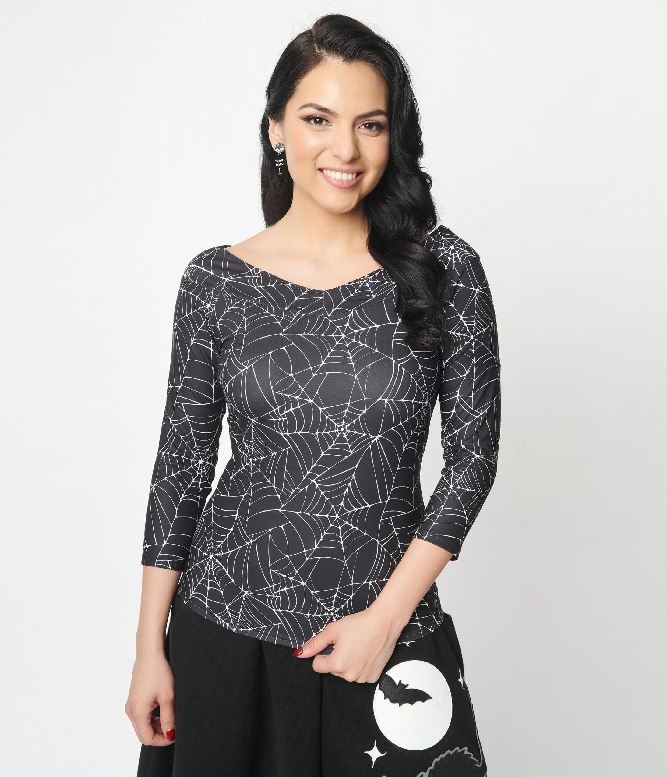 Unique Vintage Black & White Spiderweb Scarlett Top Easy Date Night