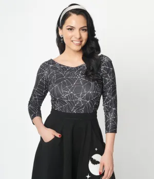 Unique Vintage Black & White Spiderweb Scarlett Top Easy Date Night