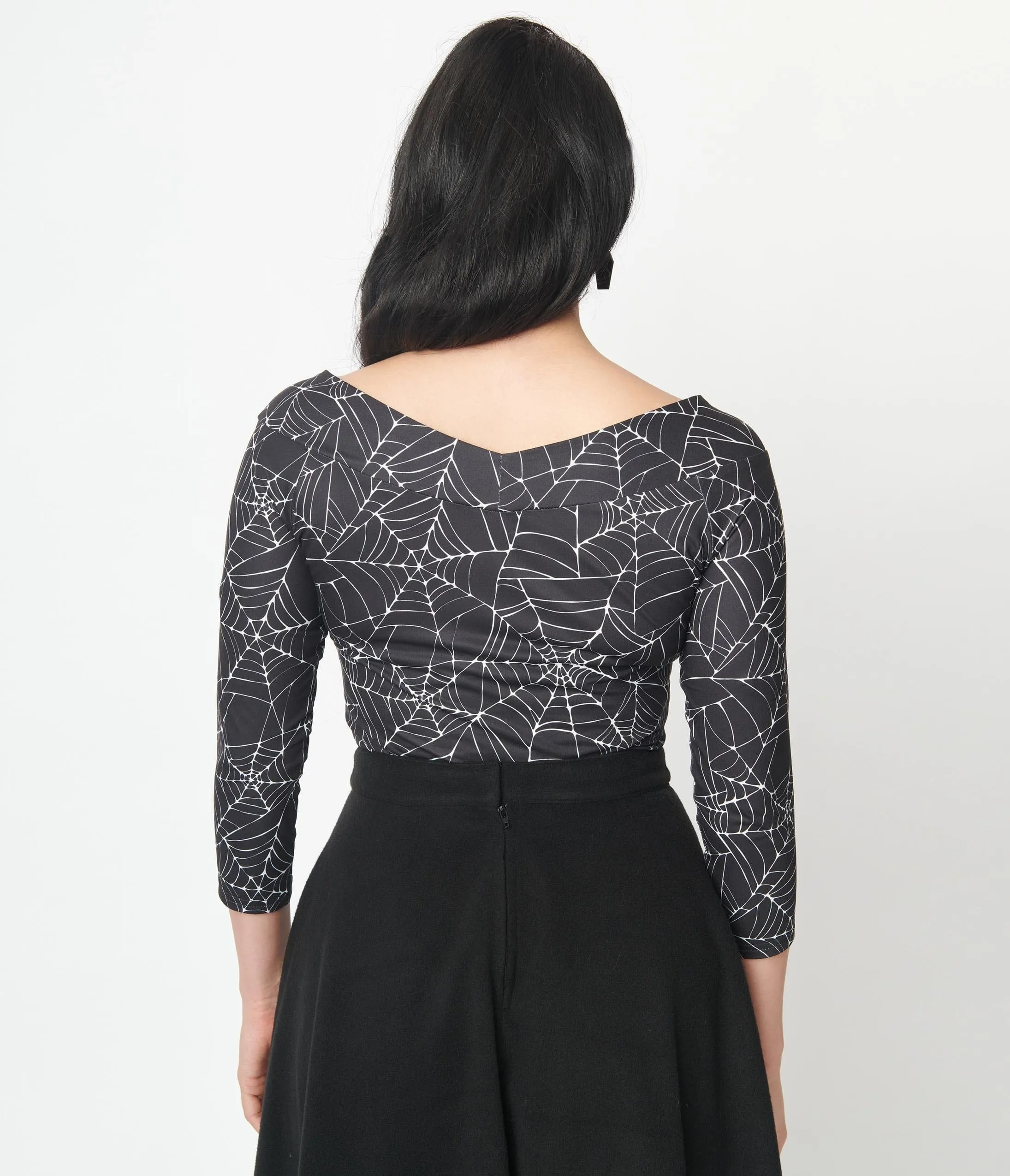 Unique Vintage Black & White Spiderweb Scarlett Top Easy Date Night