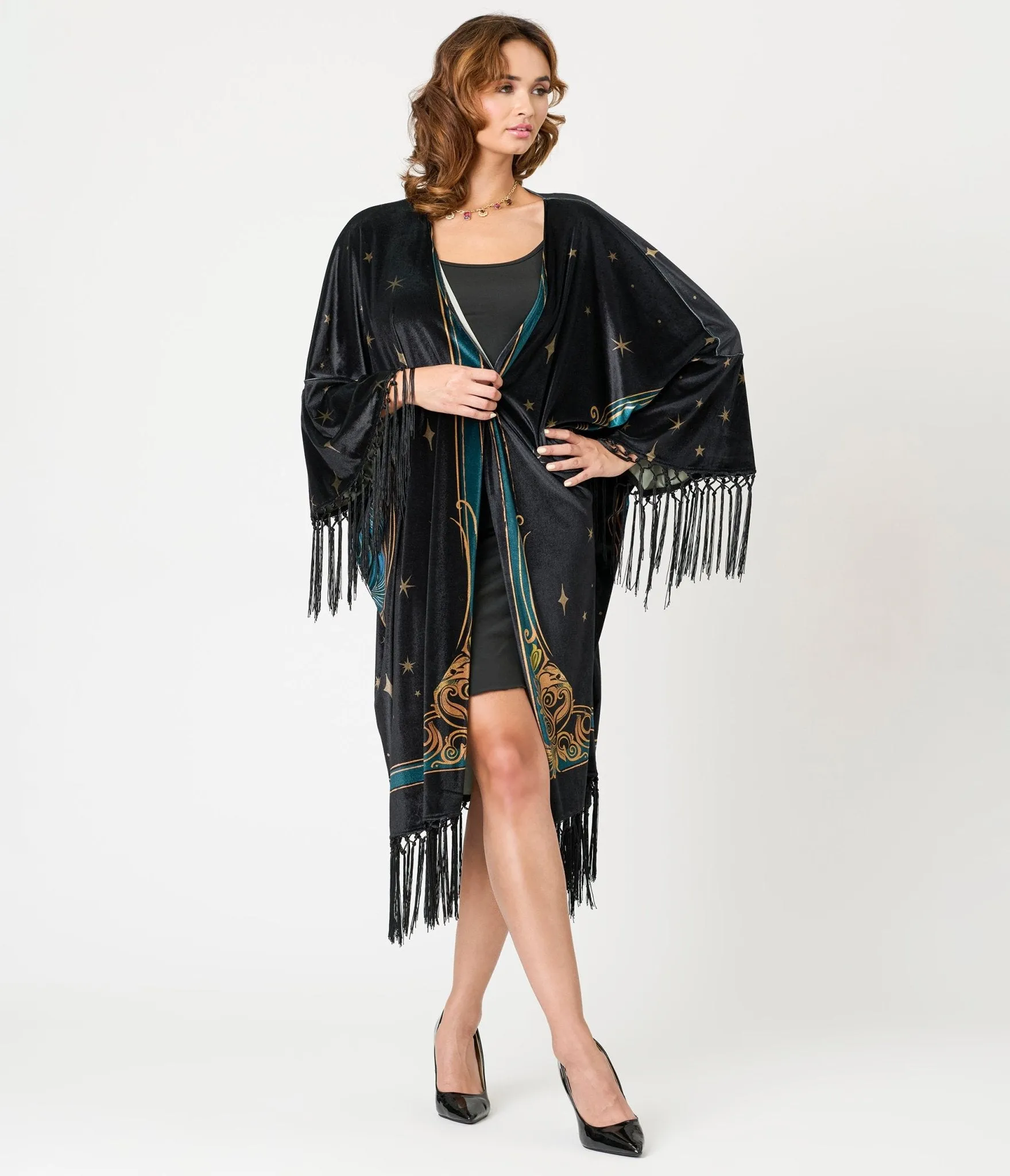 Unique Vintage Black Art Nouveau Fringe Kimono Easy Date Night