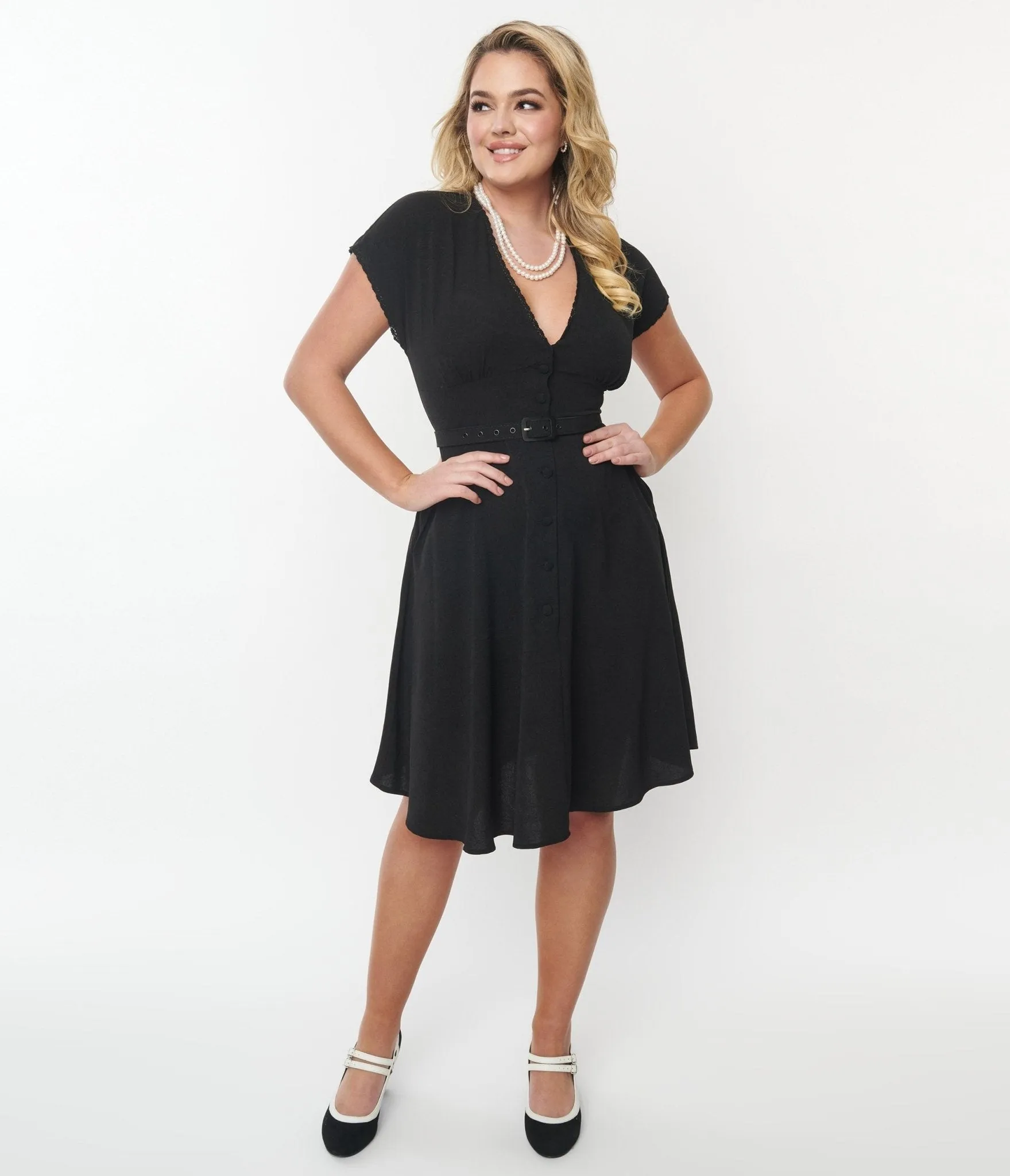 Unique Vintage Black Belted Swing Dress Casual Everyday Look