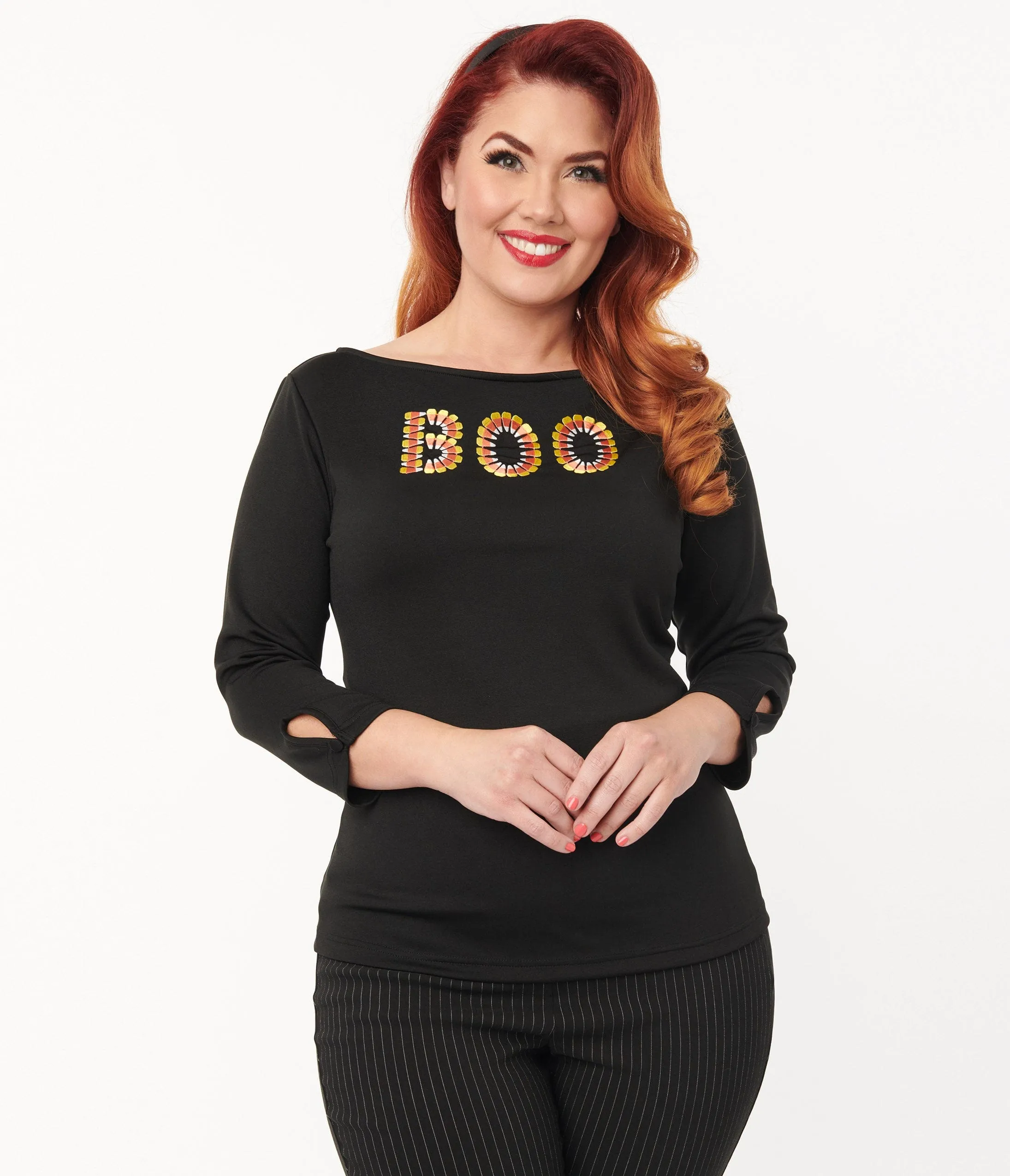 Unique Vintage Black Candy Corn Boo Embroidered Gracie Top Easy Date Night