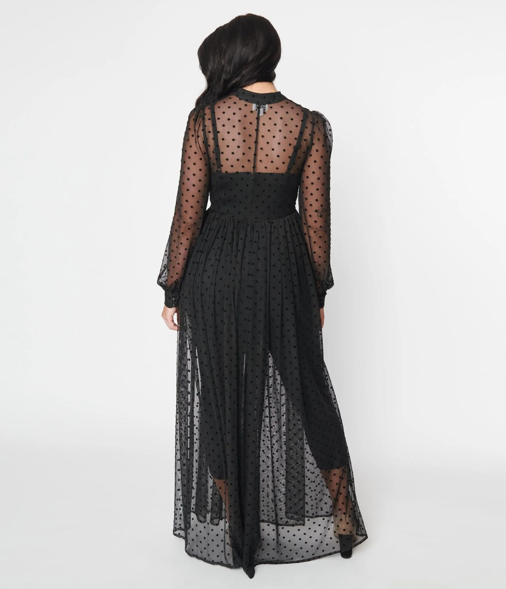 Unique Vintage Black Flocked Dot Mesh Duster Easy Date Night