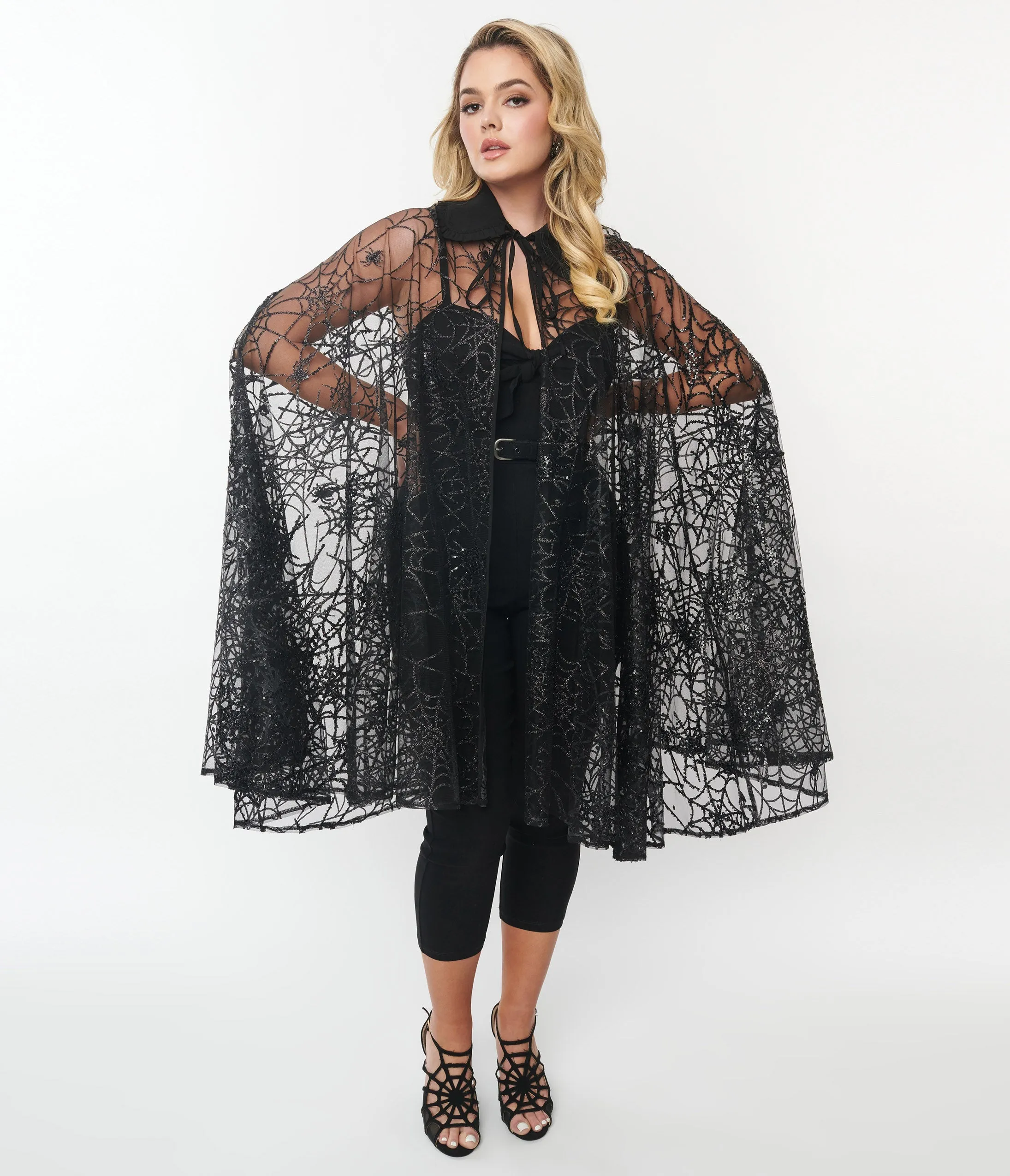 Unique Vintage Black Glitter Spiderweb Mesh Cape Easy Date Night