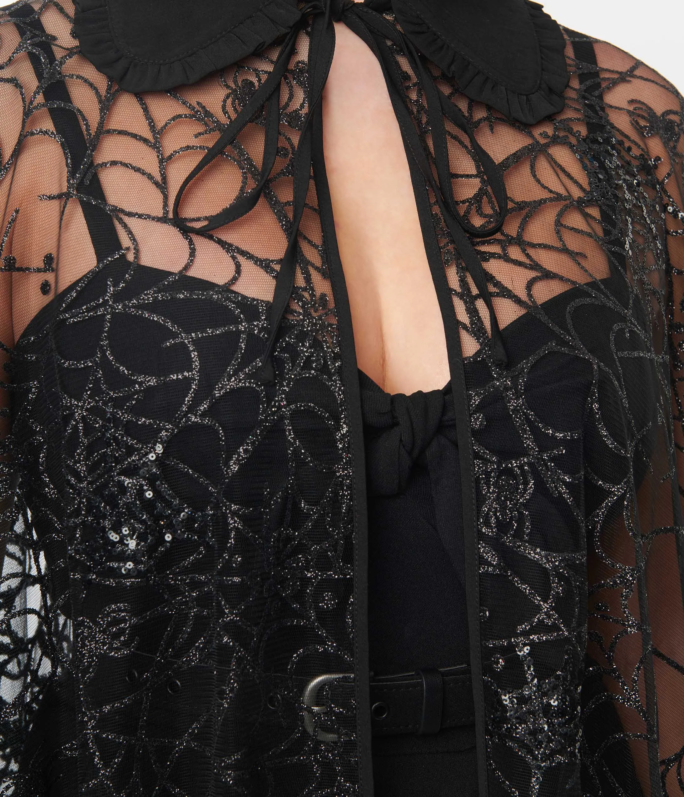 Unique Vintage Black Glitter Spiderweb Mesh Cape Easy Date Night