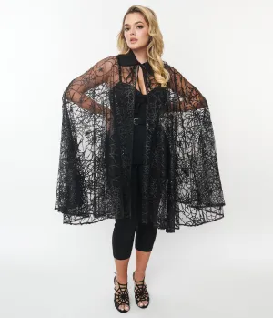 Unique Vintage Black Glitter Spiderweb Mesh Cape Easy Date Night