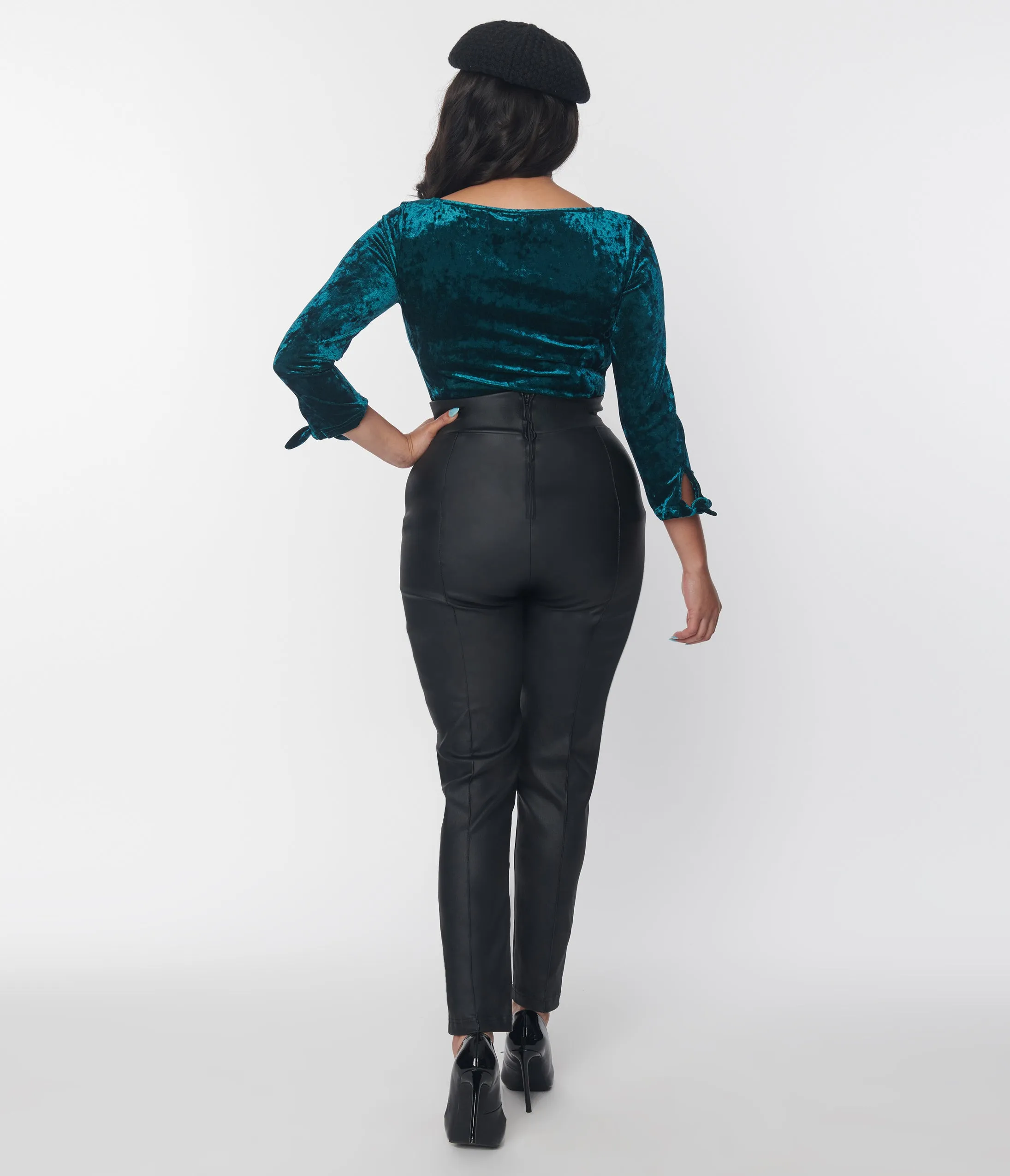 Unique Vintage Black Leatherette High Waist Pintuck Pants Comfortable Travel Wear