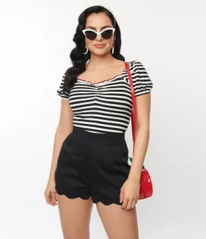 Unique Vintage Black Scallop Shorts Comfortable Travel Wear