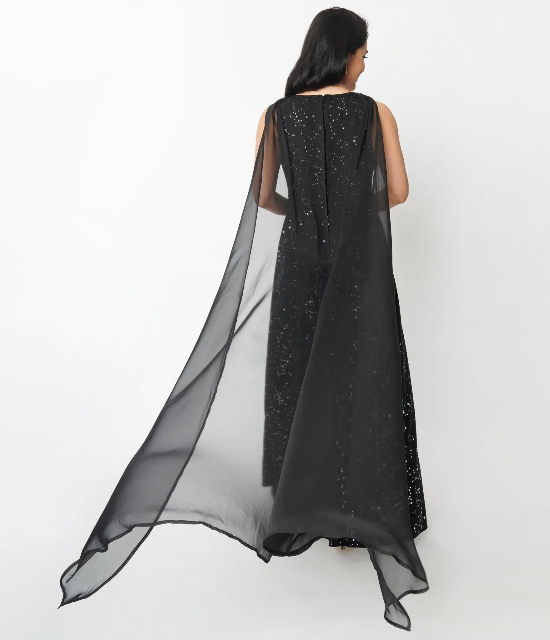 Unique Vintage Black Velvet Constellation Cape Gown Casual Everyday Look