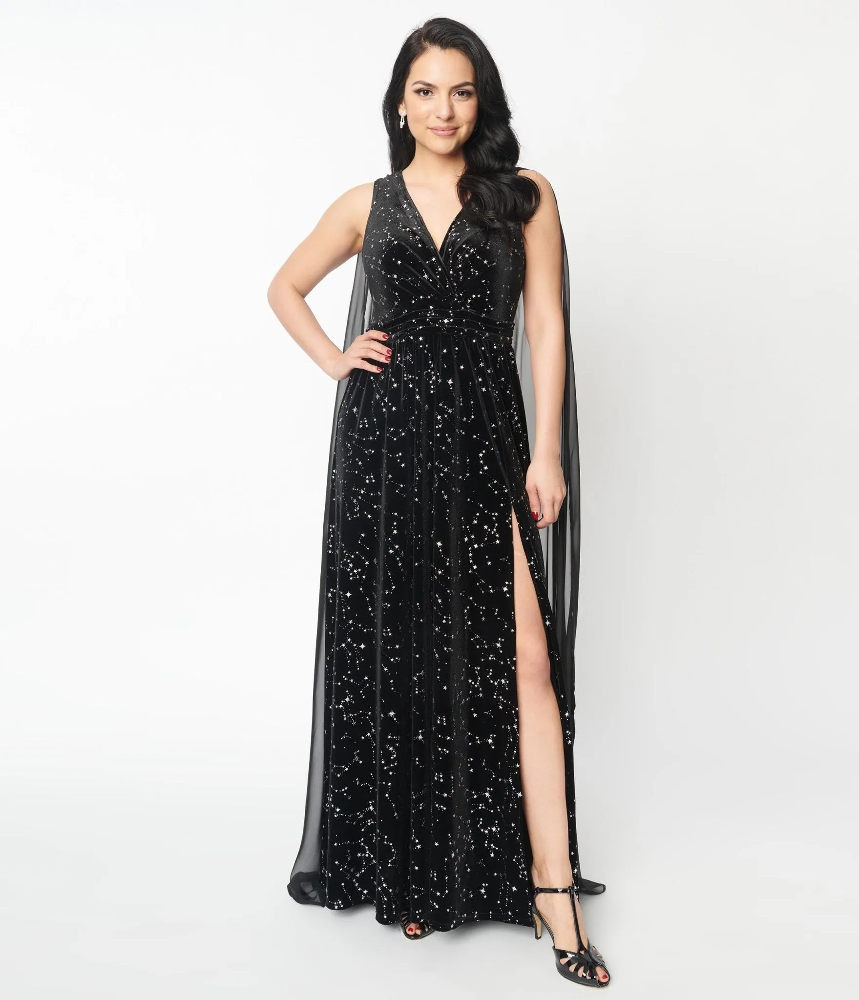 Unique Vintage Black Velvet Constellation Cape Gown Casual Everyday Look