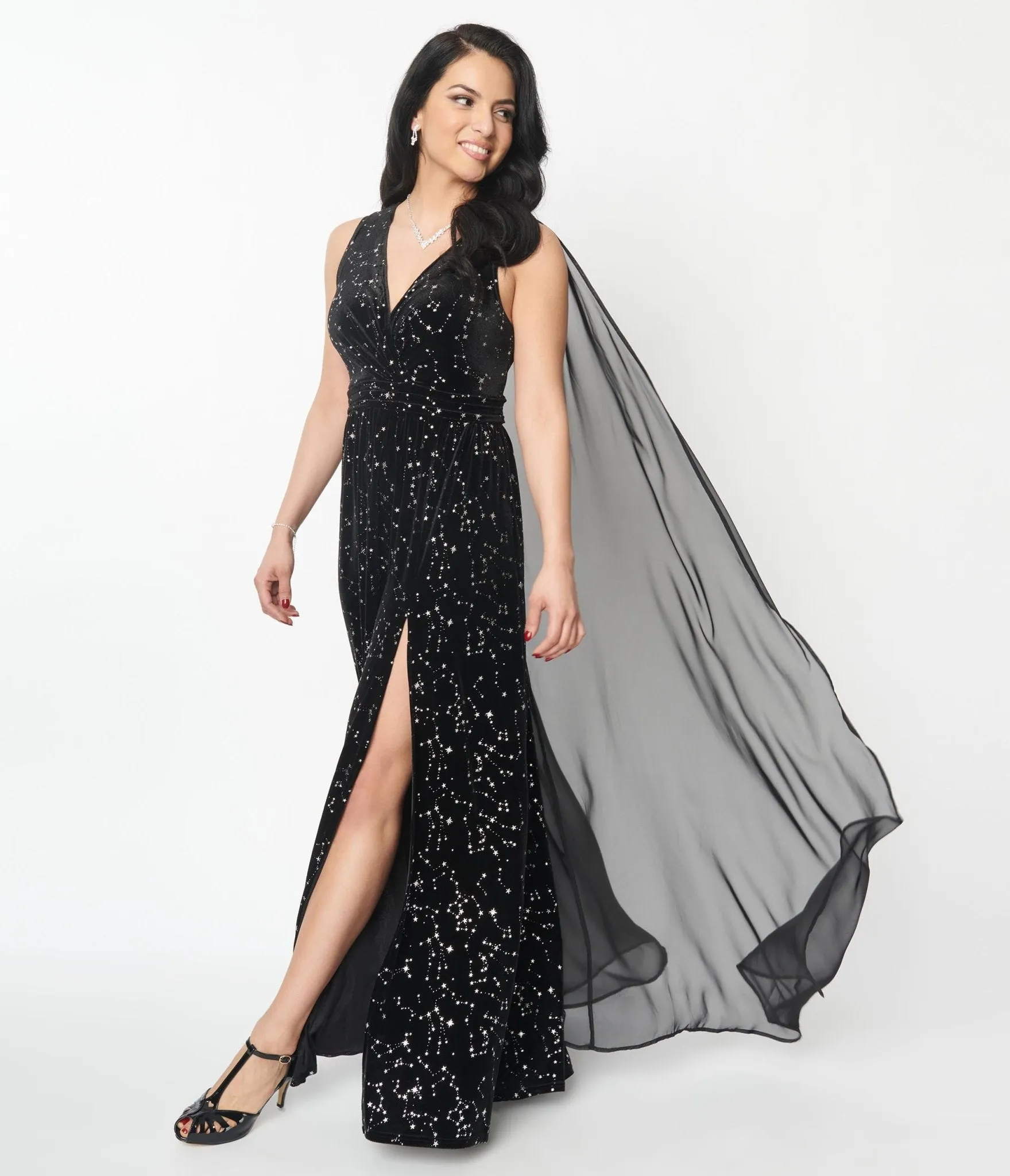 Unique Vintage Black Velvet Constellation Cape Gown Casual Everyday Look
