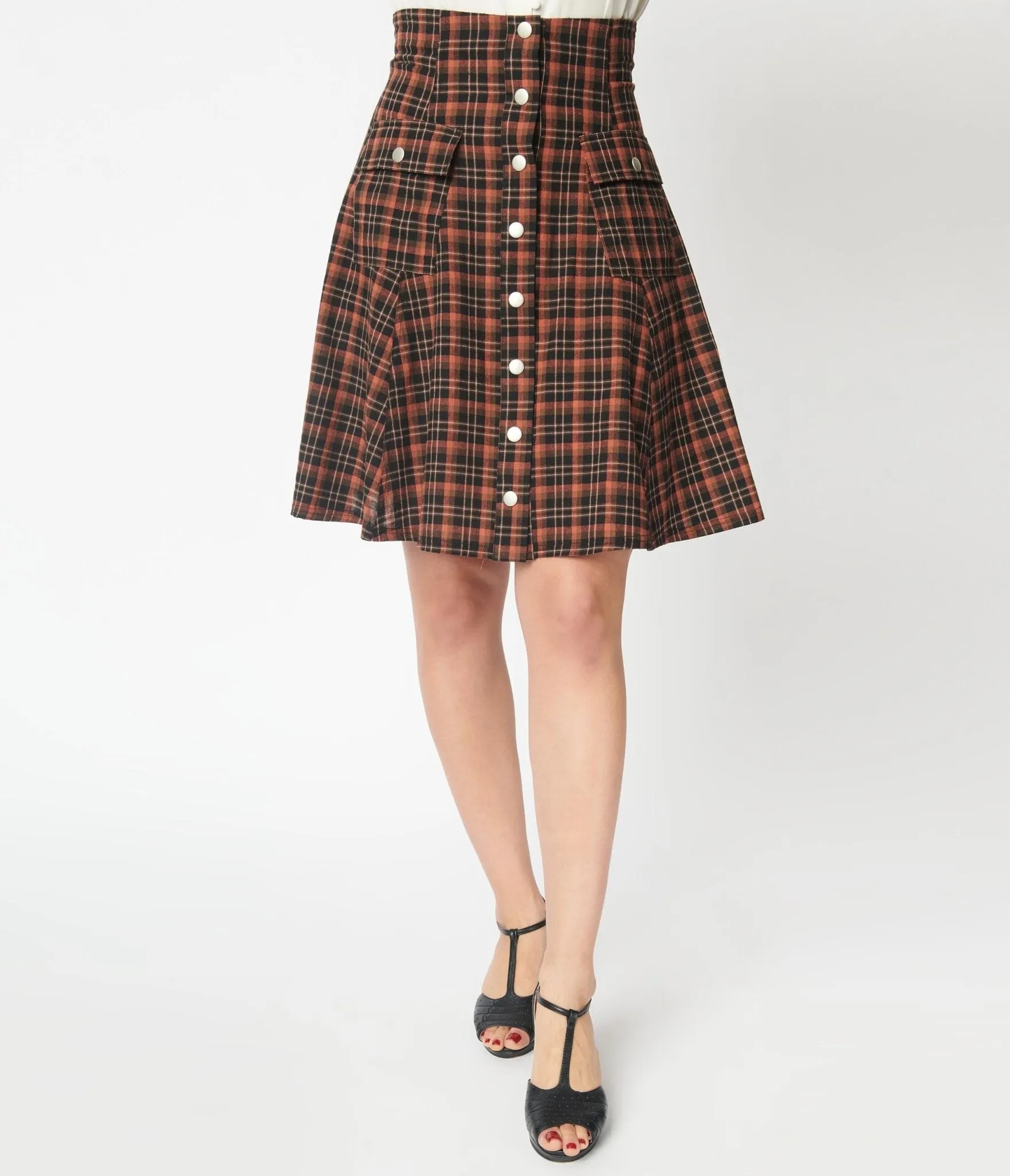 Unique Vintage Brown Plaid Suspender Flare Skirt Comfortable Travel Wear