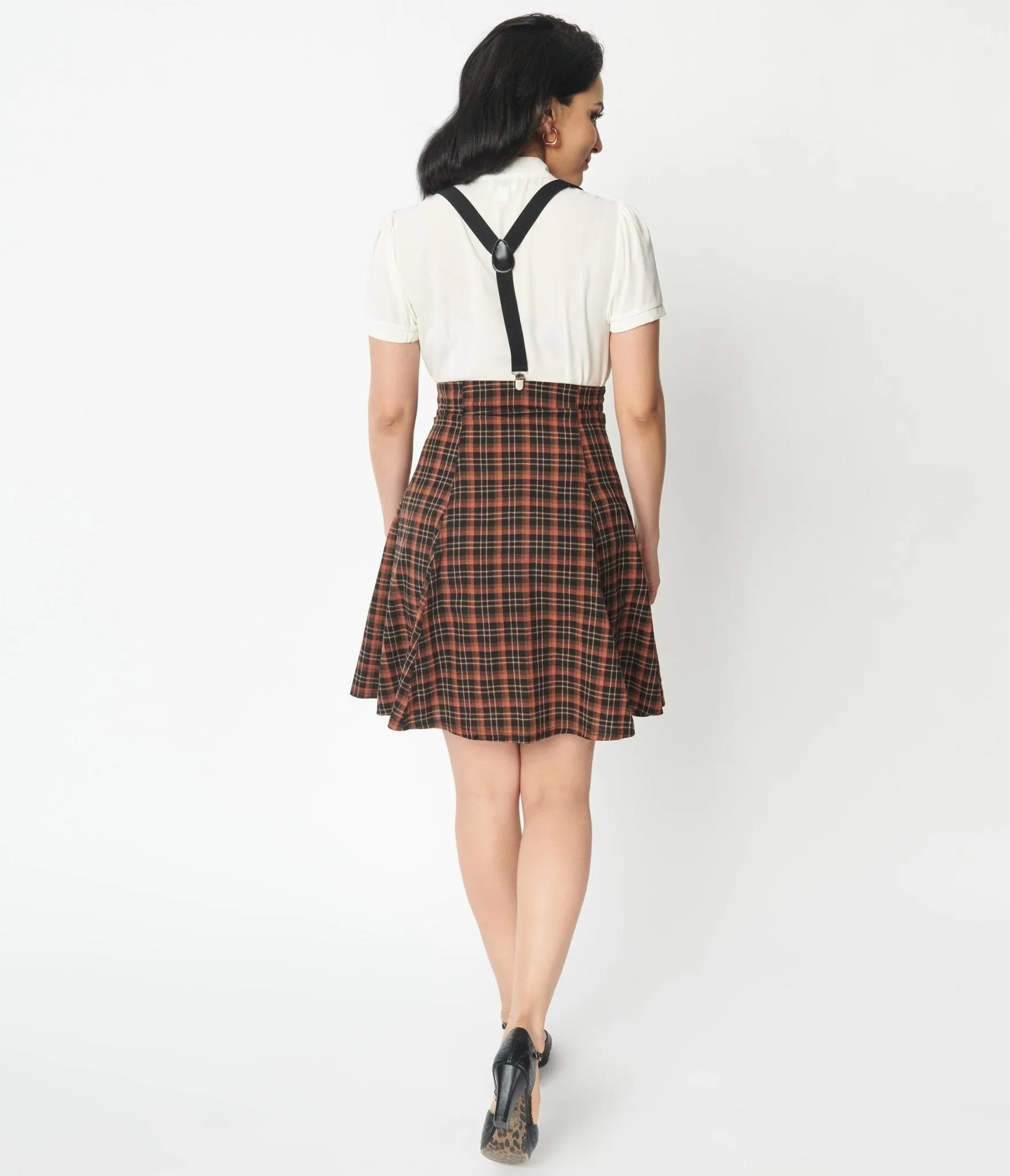 Unique Vintage Brown Plaid Suspender Flare Skirt Comfortable Travel Wear