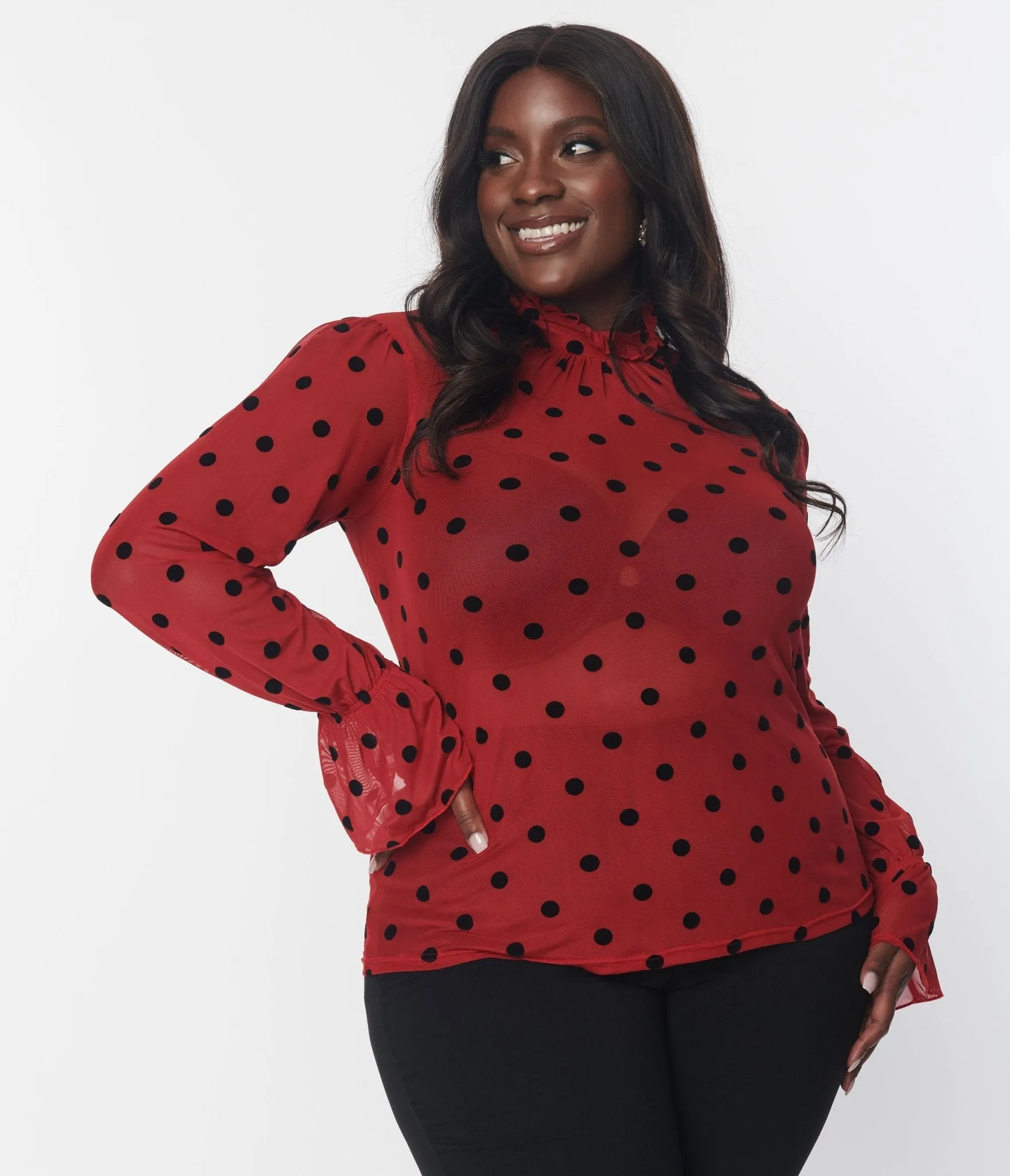 Unique Vintage Burgundy & Black Polka Dot Donna Blouse Easy Date Night