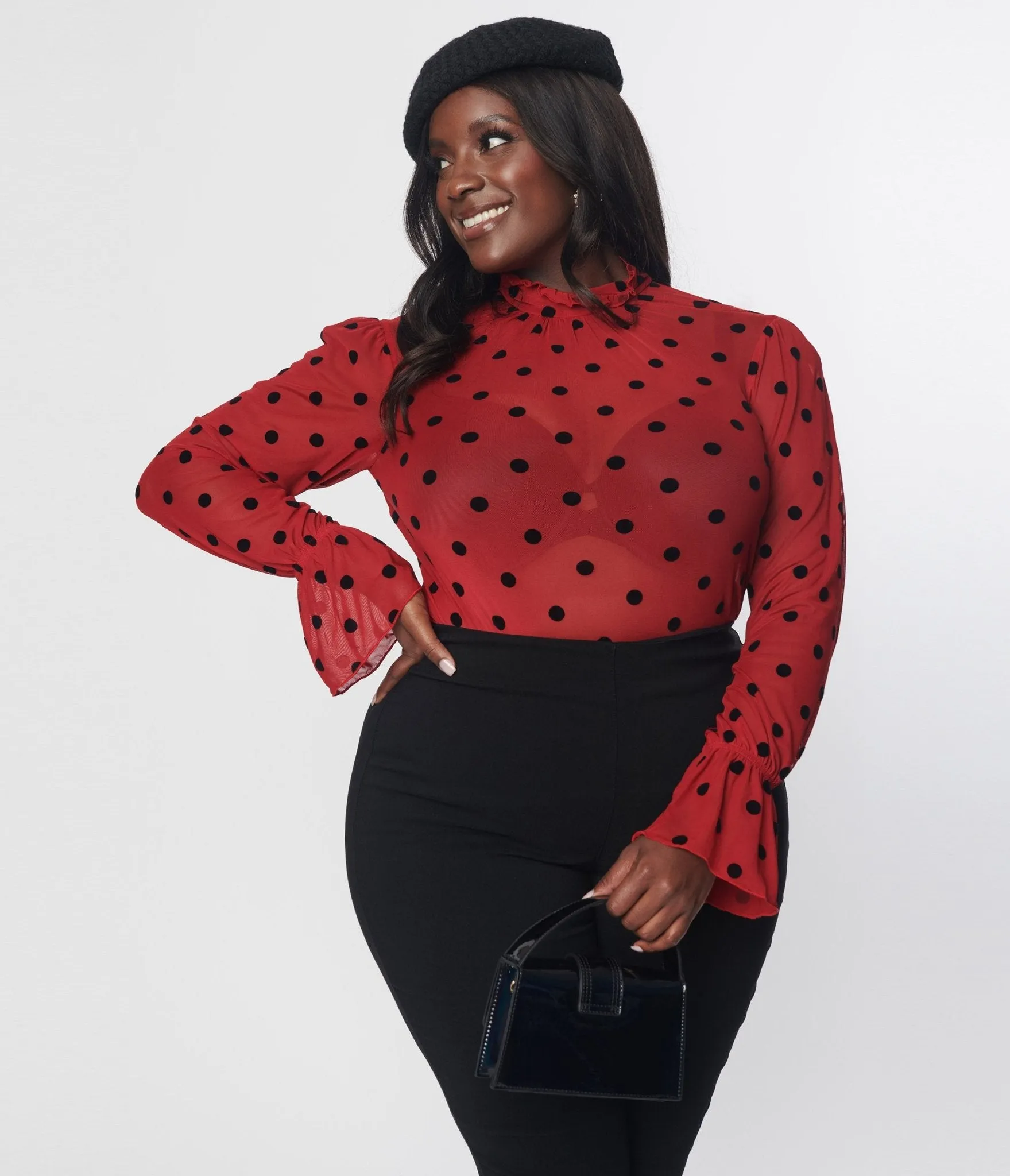 Unique Vintage Burgundy & Black Polka Dot Donna Blouse Easy Date Night