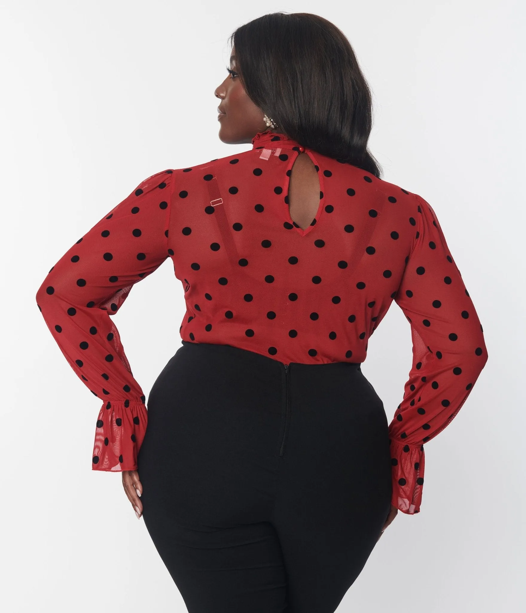Unique Vintage Burgundy & Black Polka Dot Donna Blouse Easy Date Night