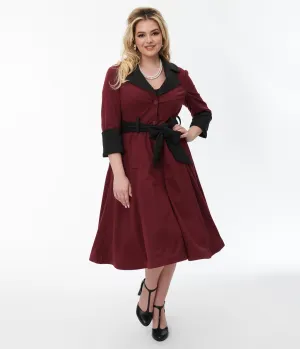Unique Vintage Burgundy & Black Swing Coat Easy Date Night